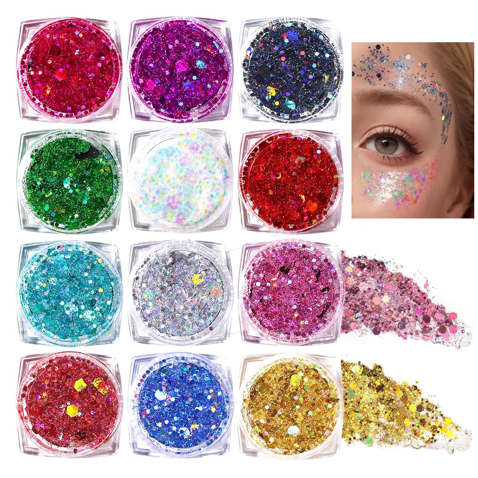 Festival Glitzer Gesicht, 12 Stück Body Glitter Gel Chunky Sequin Face Body Glitter Festival Zubehör Accessoires Gadget, Haar Glitzer Festival Gesichtsglitzer Halloween Schminke Karneval Körperglitzer