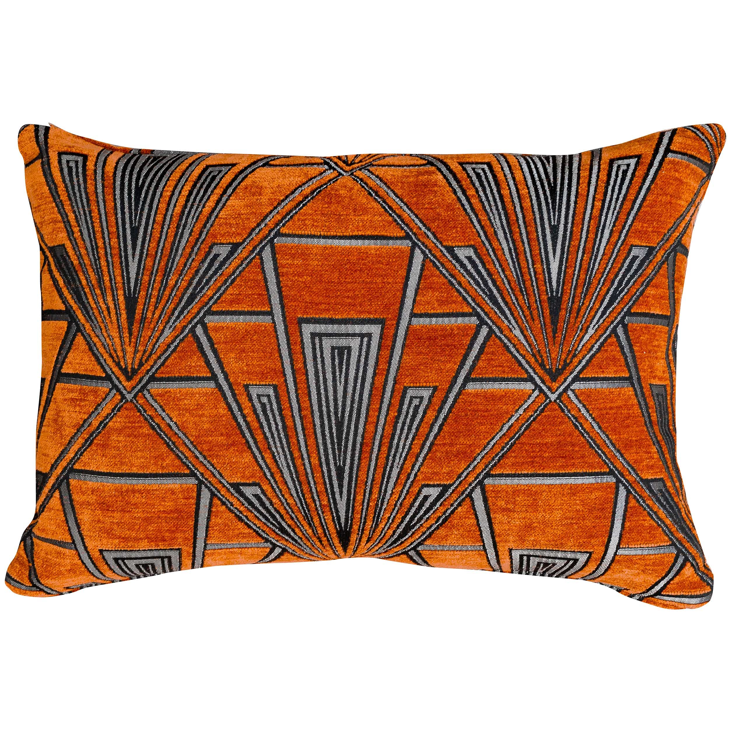 Linen Loft Orange Art Deco Geometric Boudoir Cushion Cover. Double Sided Luxury Velvet Chenille. Deep Burnt And Silver. Bold Geometric 20S And 30S Style. 17X12 Rectangle Cover Only.