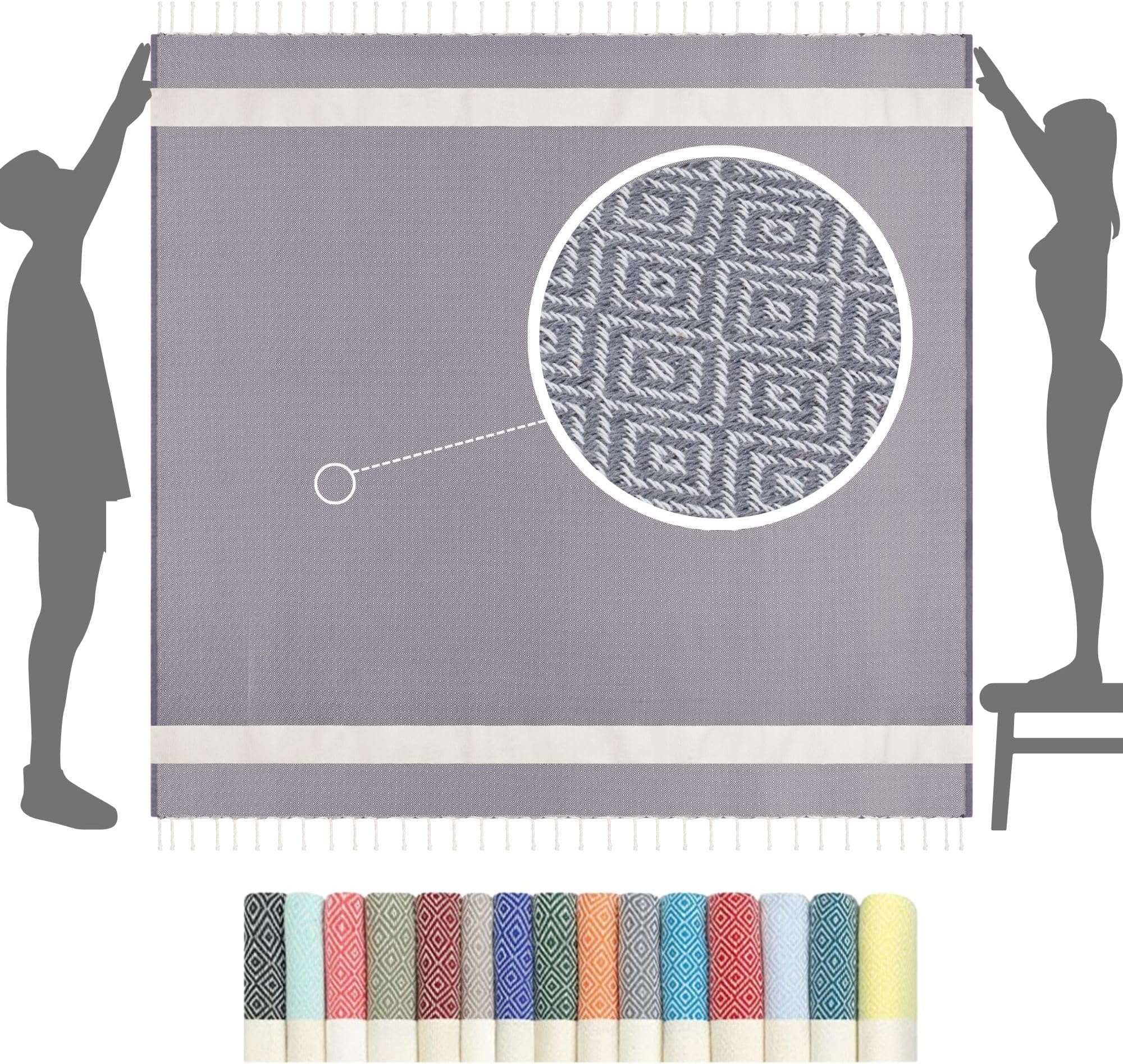 Beach Towels XXL Extra Large OVERSIZED 200x200 cm - Premium Quality | Holiday Essentials Travel Towel - Cotton Fouta Towel + Picnic Blanket Sand Free, Swim Sun Lounger Towels Men Women | Throw Blanket