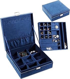 PENGKE 2 Layer Jewelry Box for Women 36 grid necklace or jewelry holder organizer with lock,Blue Pack of 1