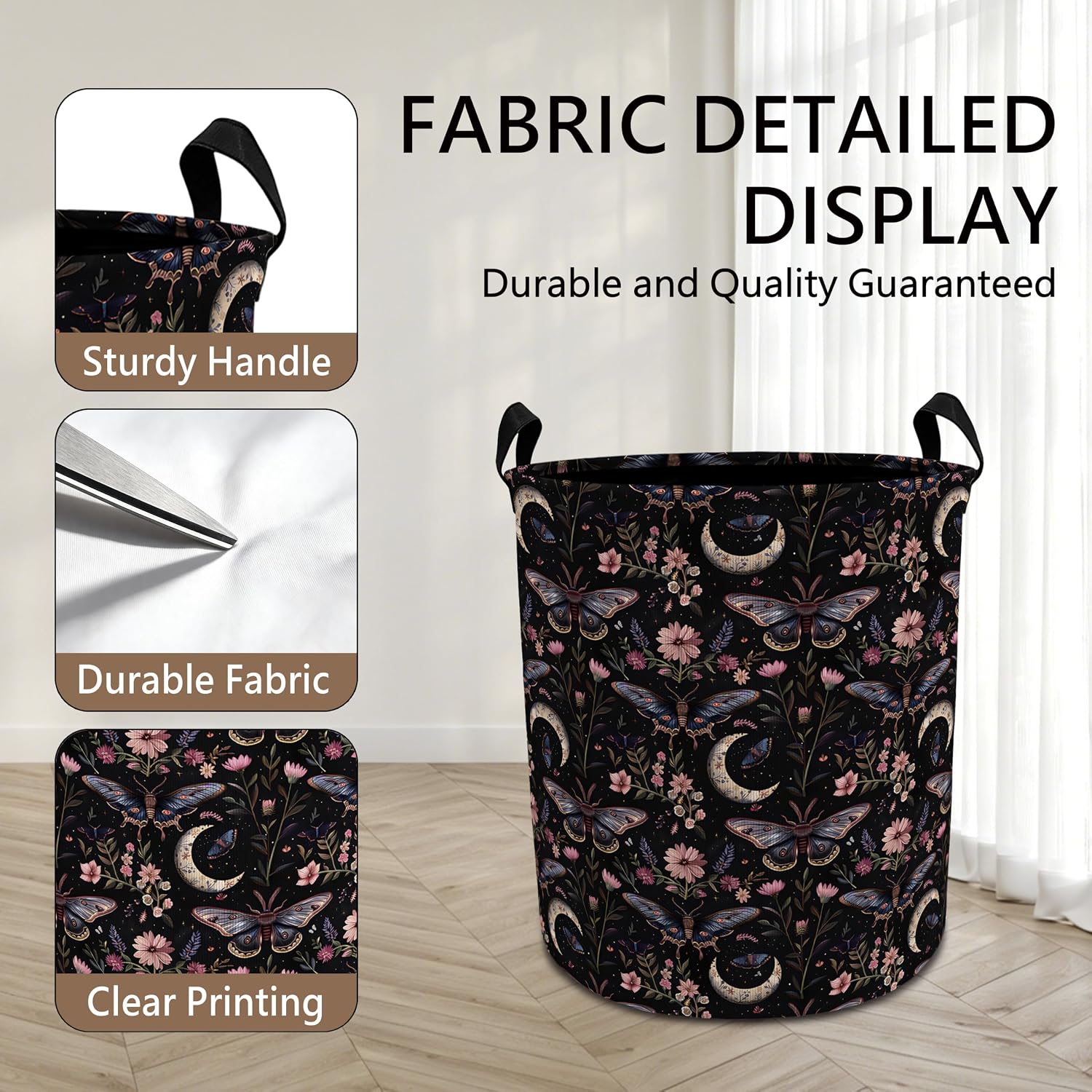 Moody Gothic Moth Floral Laundry Basket with Handles, Dark Academia Witchy Flower Butterfly Collapsible Waterproof Laundry Hamper Clothes Storage Basket for Bedroom Bathroom Home