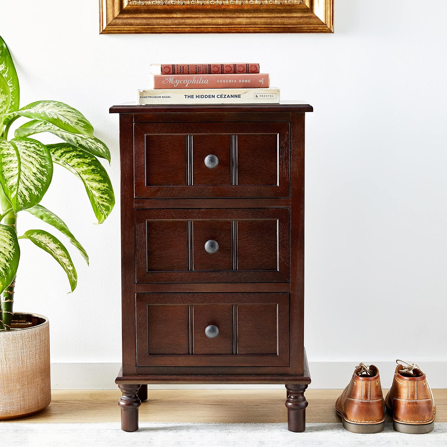 Décor Therapy, Walnut Decor Therapy Three drawer accent table, (FR1458), 11.8 in x 15.75 in x 26