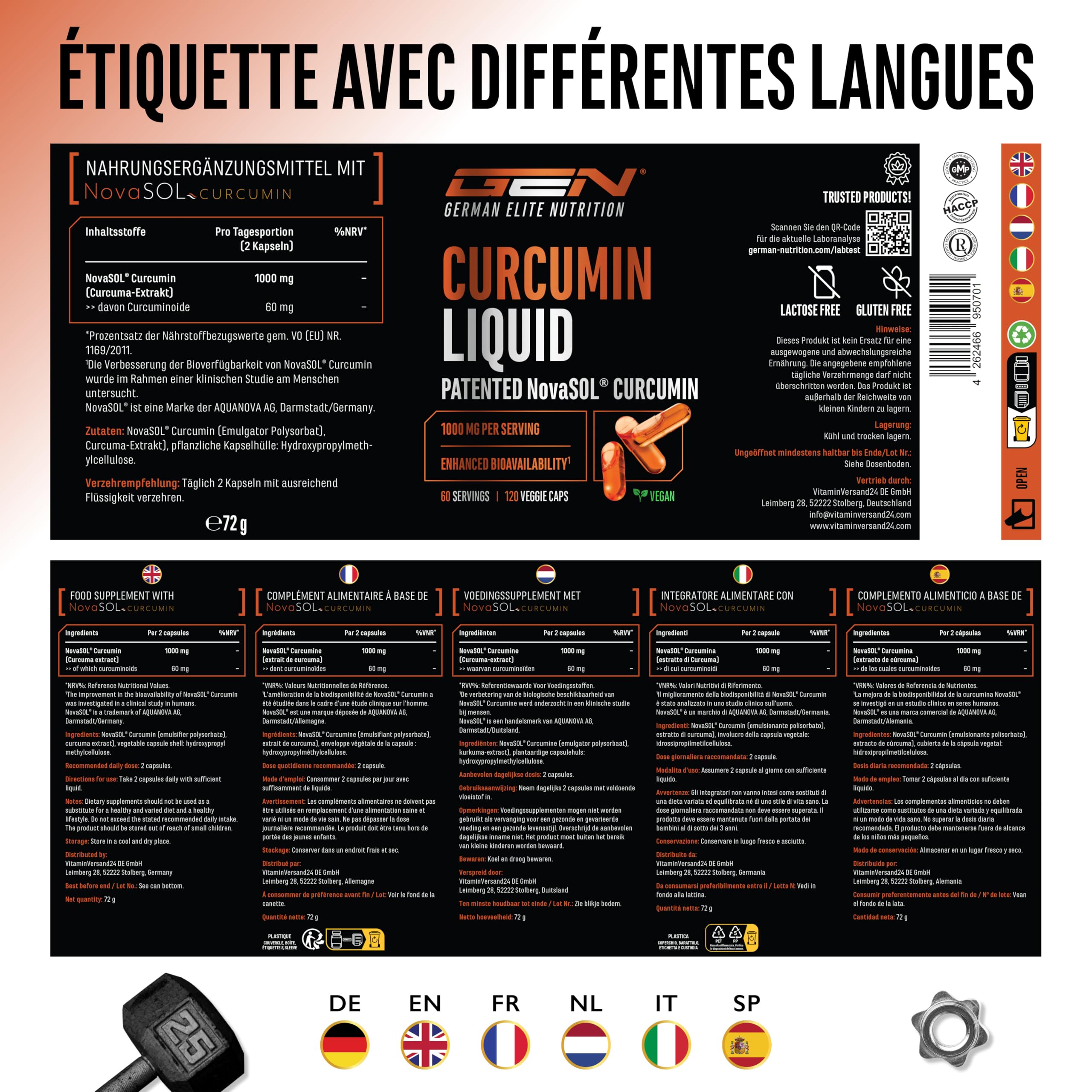 Curcuma NovaSol® - 120 capsules Liquides - 1000mg de Curcumine par Dose Journalière - Avec la Technologie Brevetée NovaSOL® - Biodisponibilité 185 Fois Supérieure grâce à la Forme Liquide - Végétalien