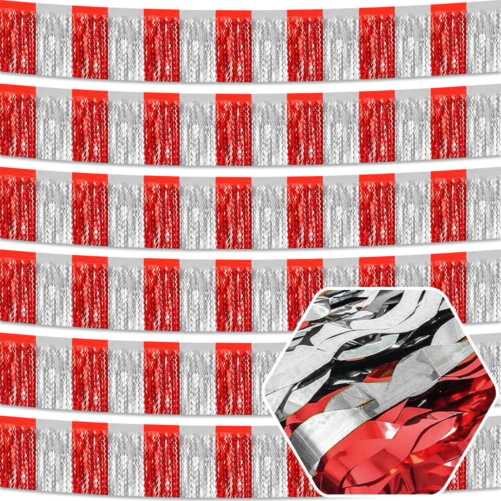 6 Pack 10 Feet Red Silver Wave Foil Fringe Garland Metallic Tinsel Streamers Banner Wall Hanging Curtain Backdrop for Parade Floats, Mother's Day, Easter, Wedding, Birthday Party Decoration