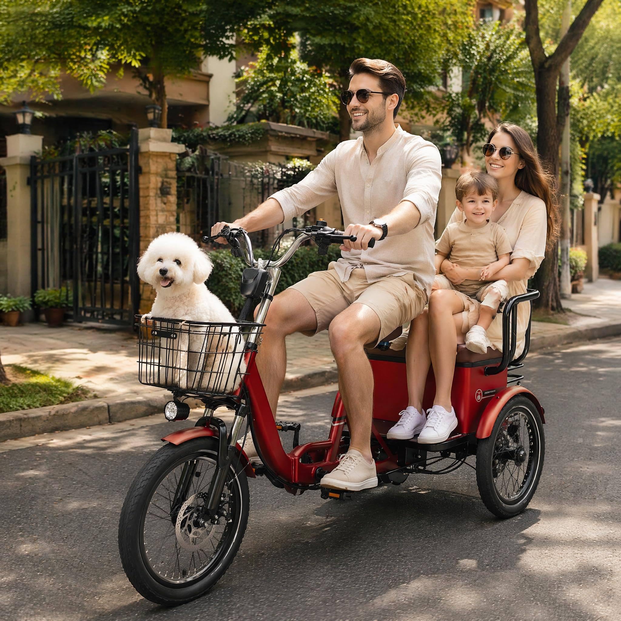 Triciclo Elettrico a Due Posti per Adulti, Ebike a 3 Ruote con Sedile Passeggero, 7 velocità, Pneumatici Larghi da 18" X 4,0", Cestini Anteriori E Posteriori, Doppi Freni a Disco Green