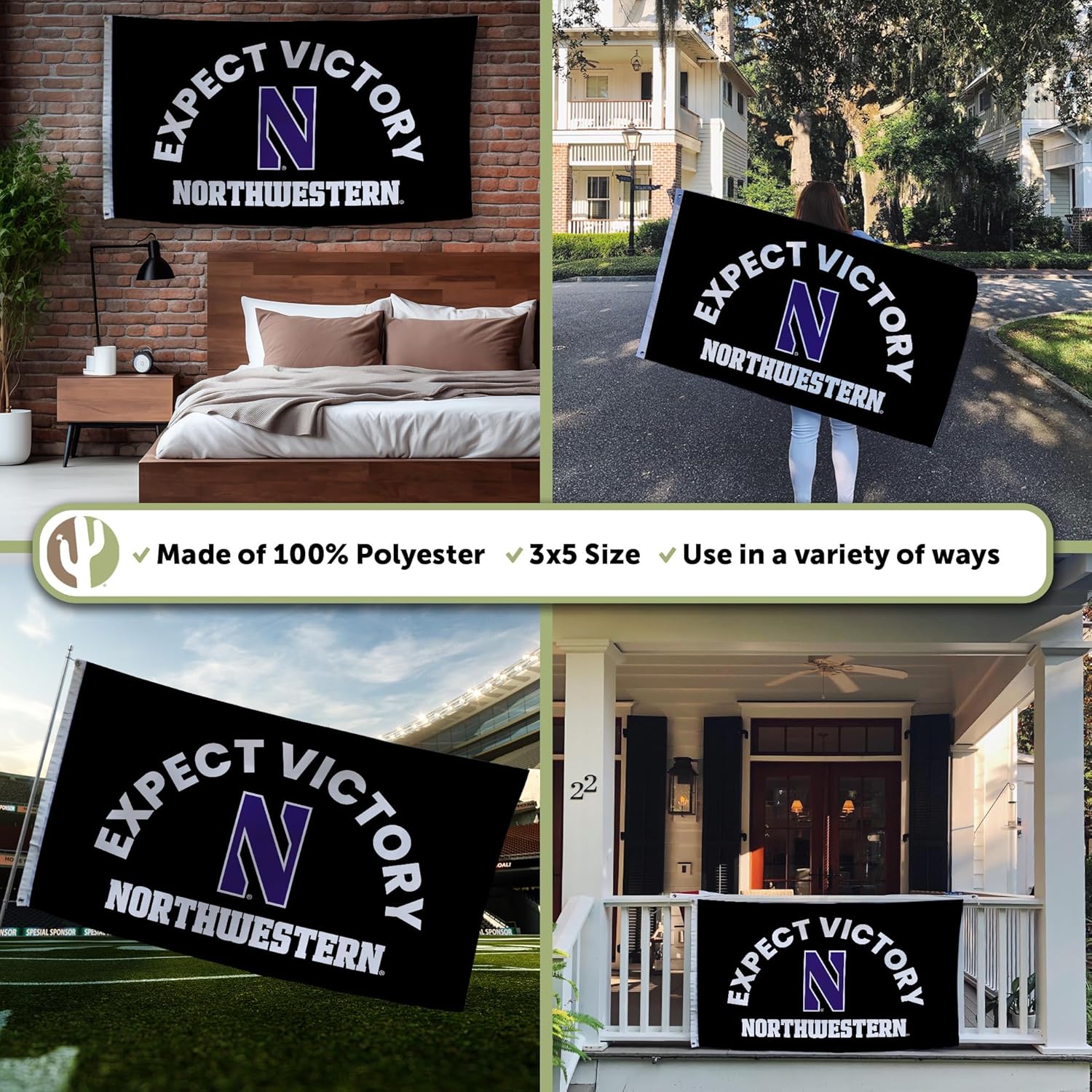 Desert Cactus Northwestern University Flag - 3 x 5 Feet NU Wildcats Banner, Indoor/Outdoor Durable Fabric Display (Style H) - Image 3