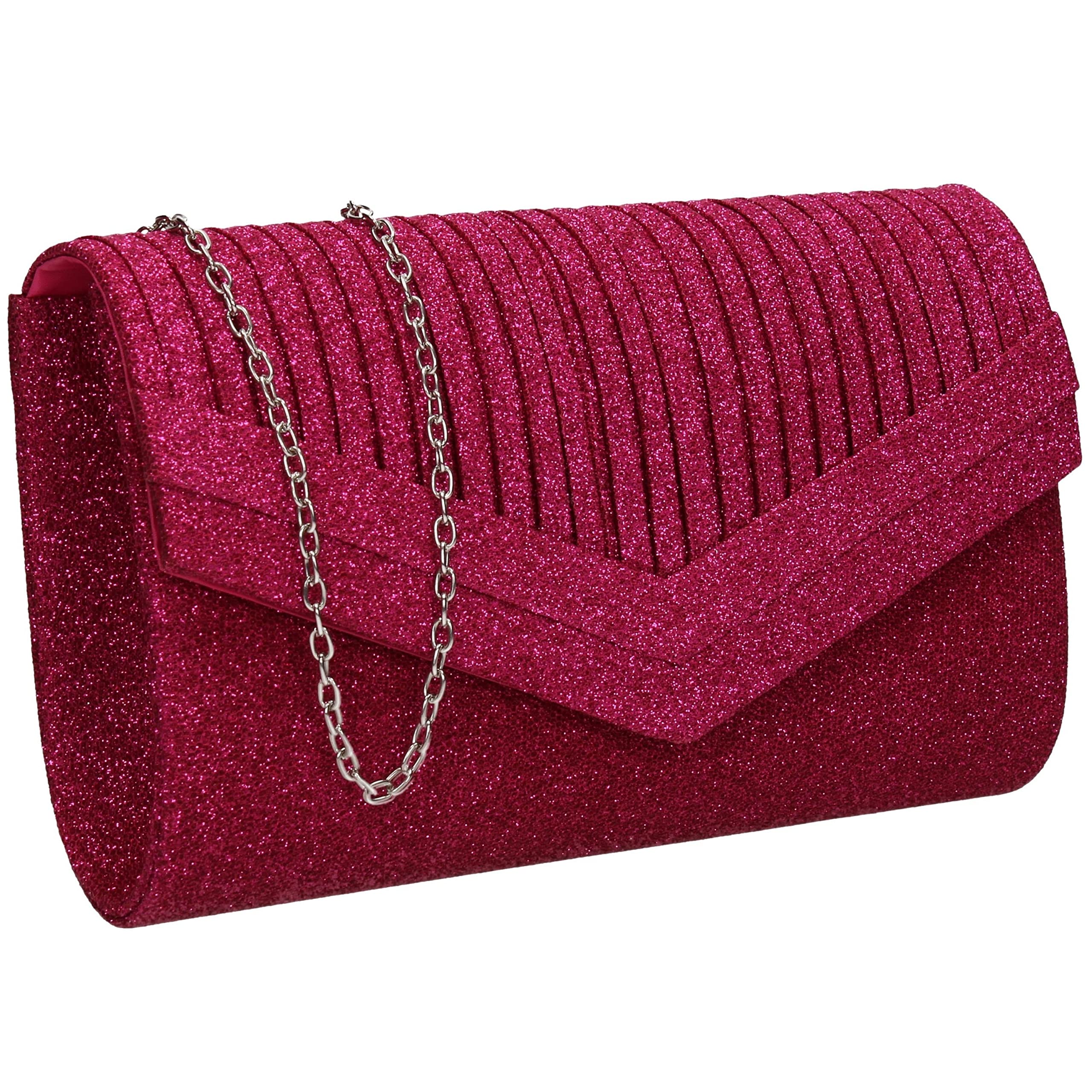 SwankySwans Ruth Womens Sparkly Shiny Party Prom Wedding Evening Clutch Bag Purse (Fuchsia)