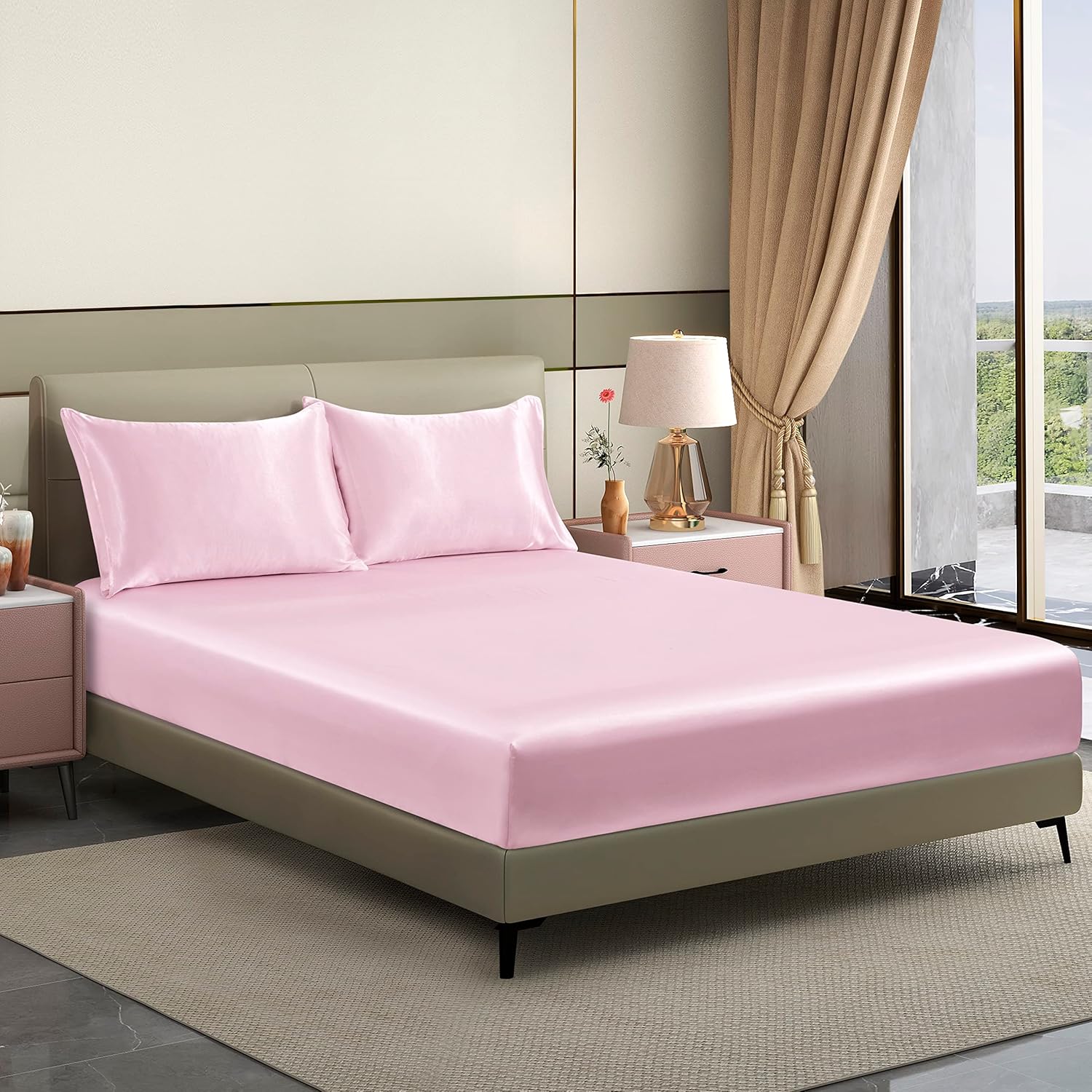Deng Chao Satin Fitted Sheet Only, Full Size Pink 16 Inches