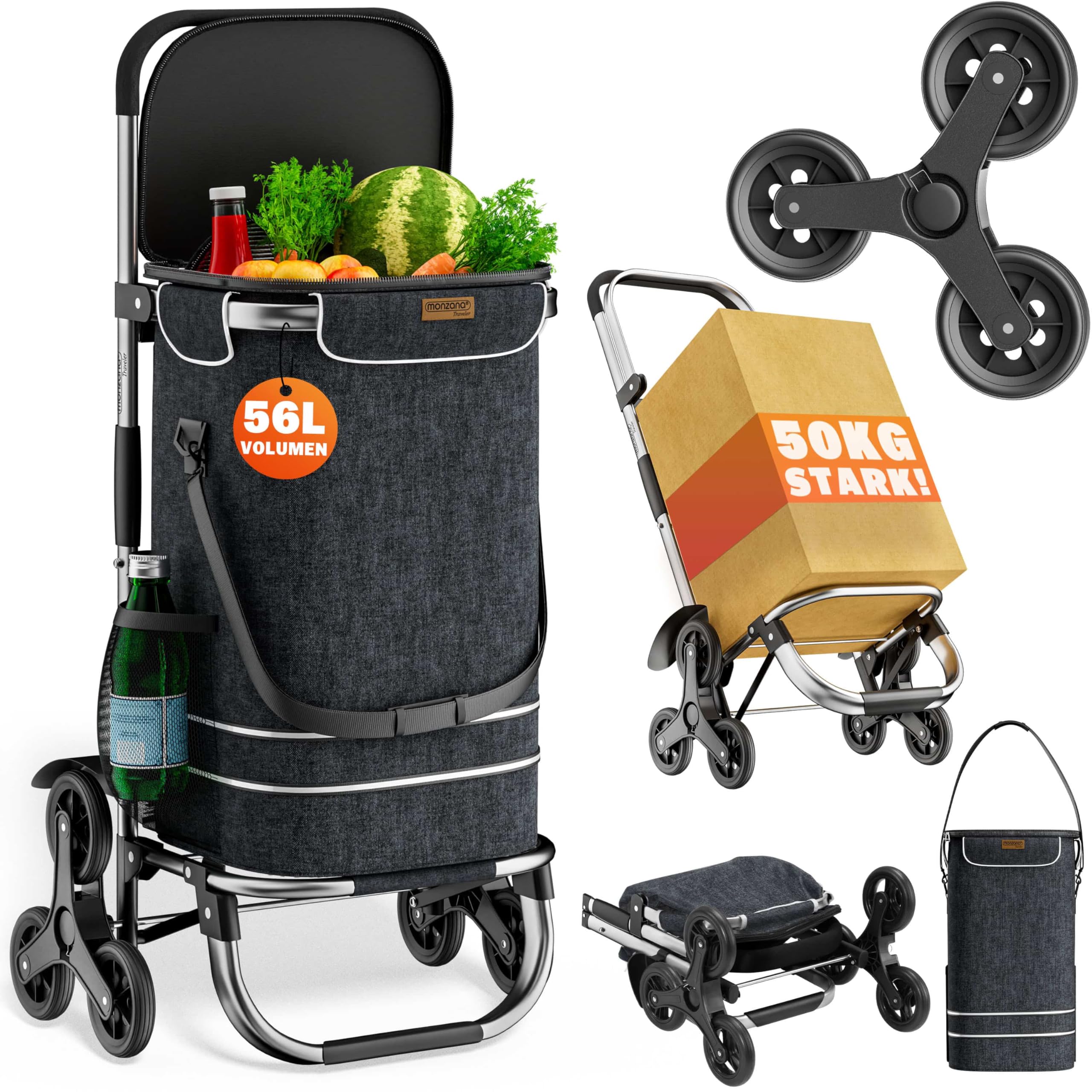 MONZANA® 3in1 Einkaufstrolley 56L bis 50 kg klappbar abnehmbare Tasche 6 Rollen Tragegurt Treppensteiger Einkaufswagen Einkaufshilfe Trolley Schwarz Meliert