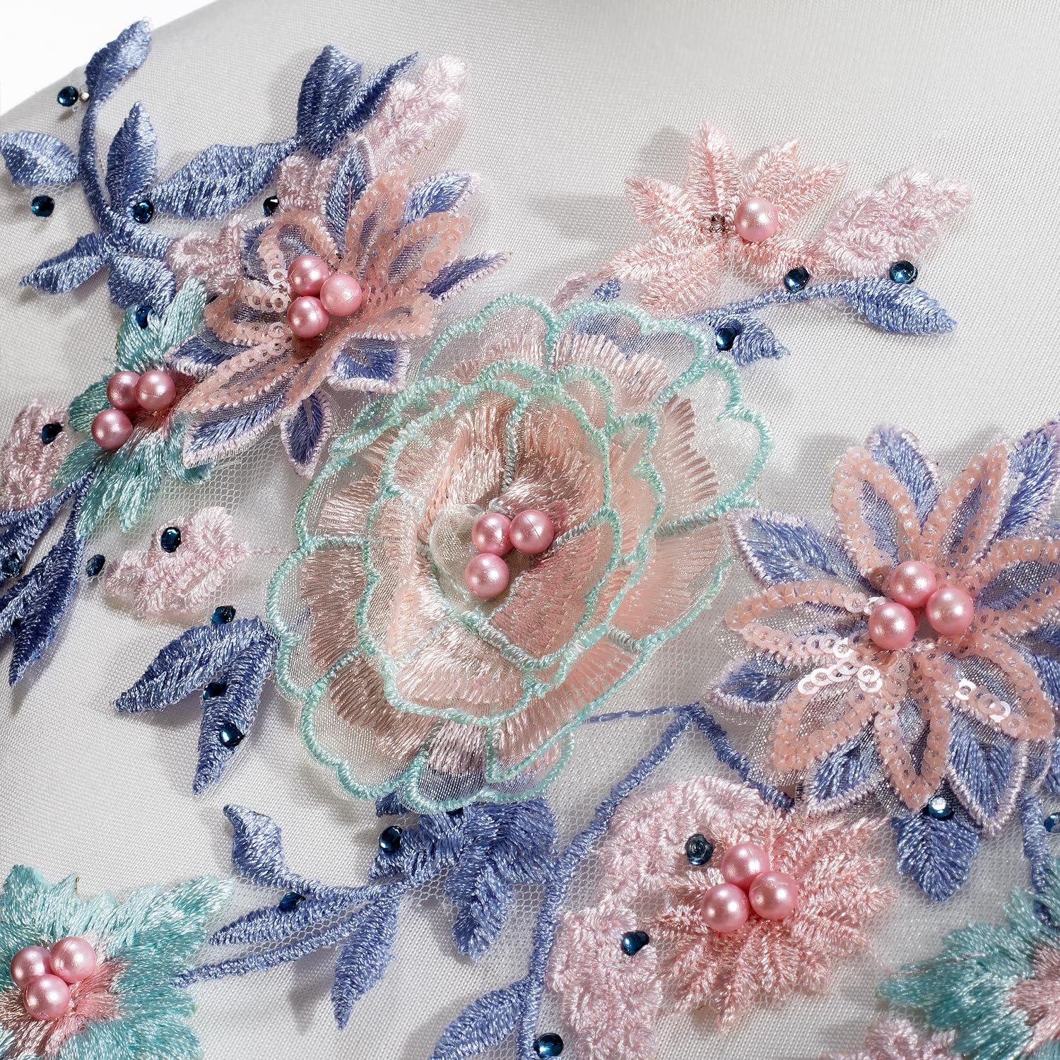 Silvora 3D-bestickte Spitzenapplikation Mit Perlen & Strass – 19 X 35 Cm, Netz-Stickerei – Für Hochzeitskleider, Abendkleider, DIY