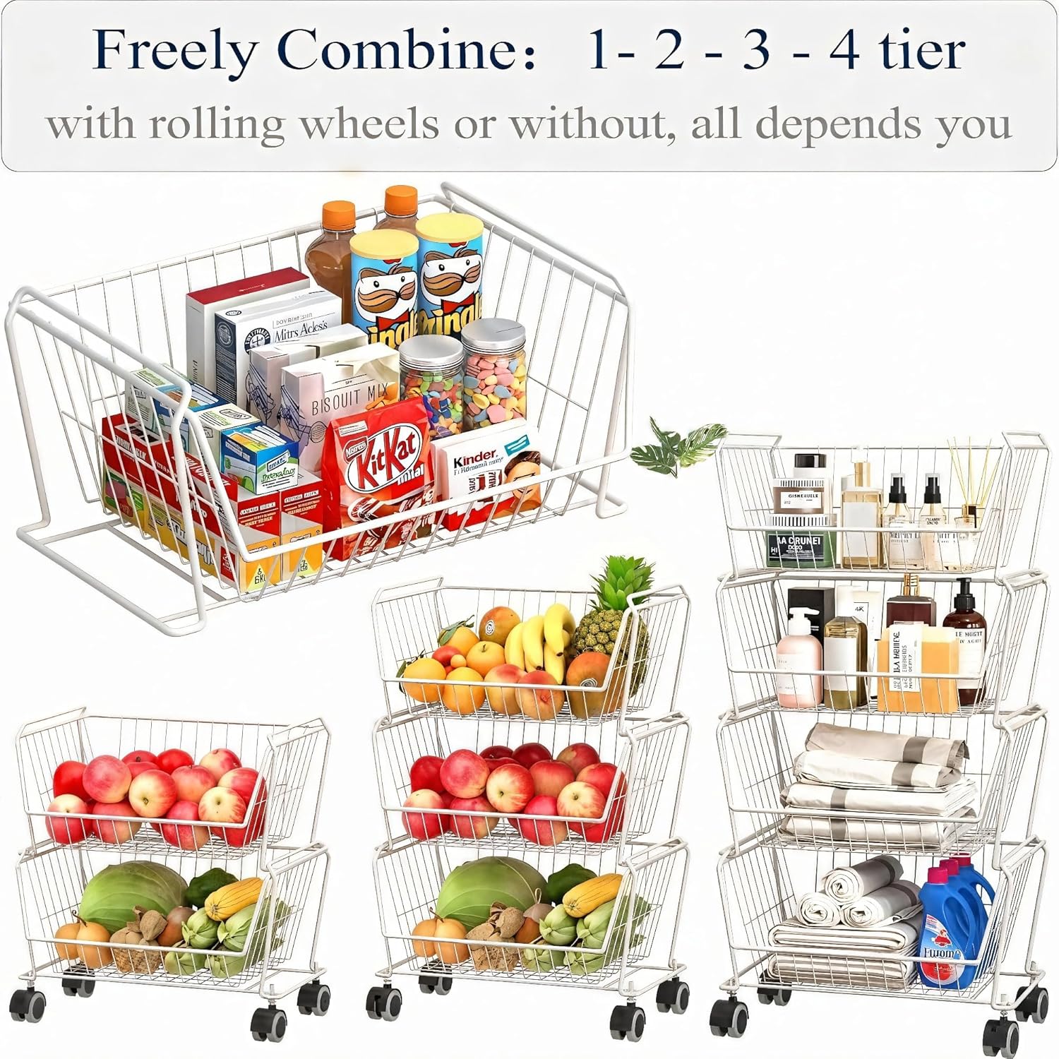 PUSDON 6-Tier Tall Stackable Wire Storage Baskets with Wheels, Vertical Metal Rolling Utility Cart, High Capacity Produce Basket for Kitchen Pantry, Snack Organizer, Classic White
