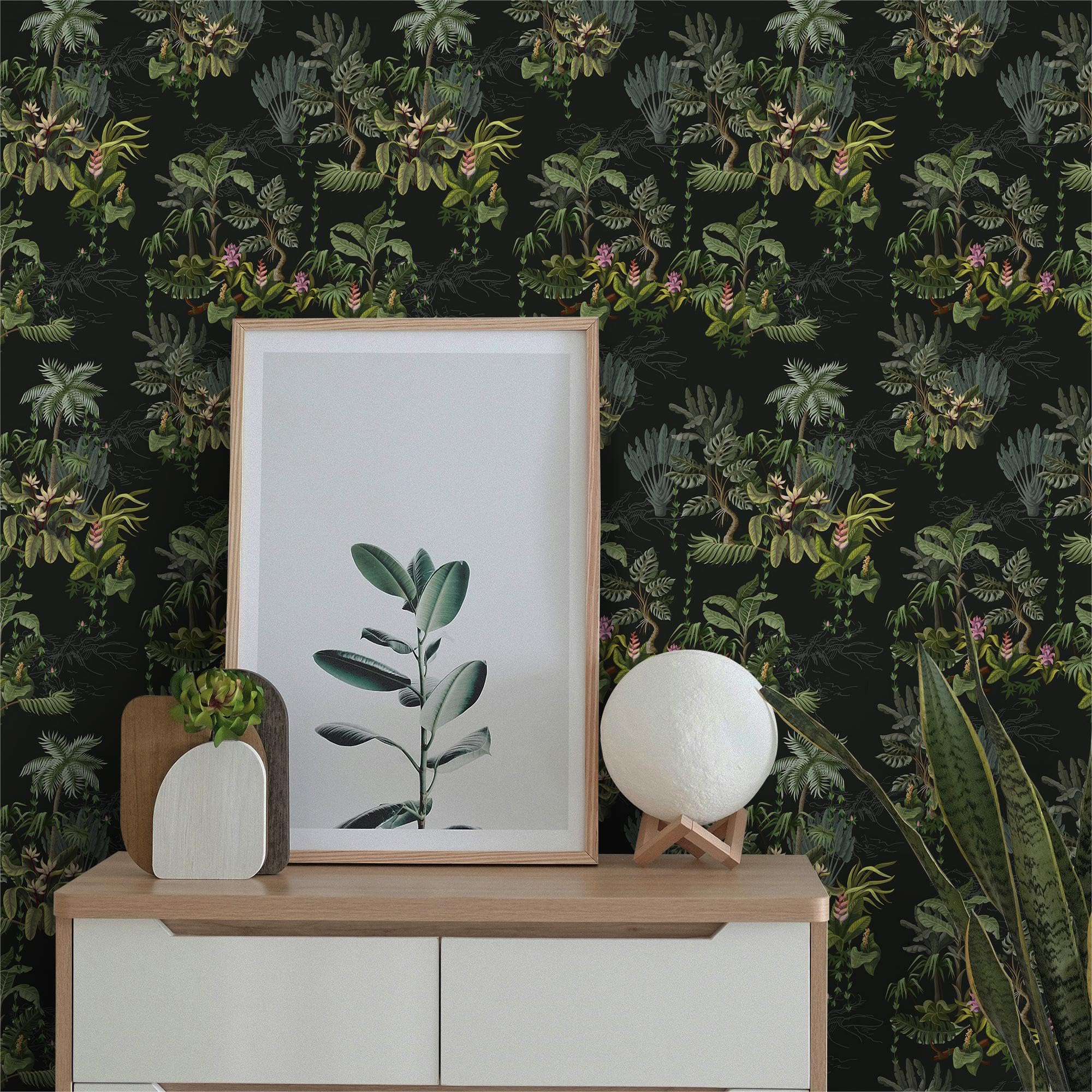 Timeet Selbstklebende Tapete Schwarz 41x300cm Tropische Botanische Blumen Möbelfolie Selbstklebend Klebefolie Vinyl Wasserdicht Klebetapete für Schlafzimmer Wohnzimmer Küche Wand Möbel