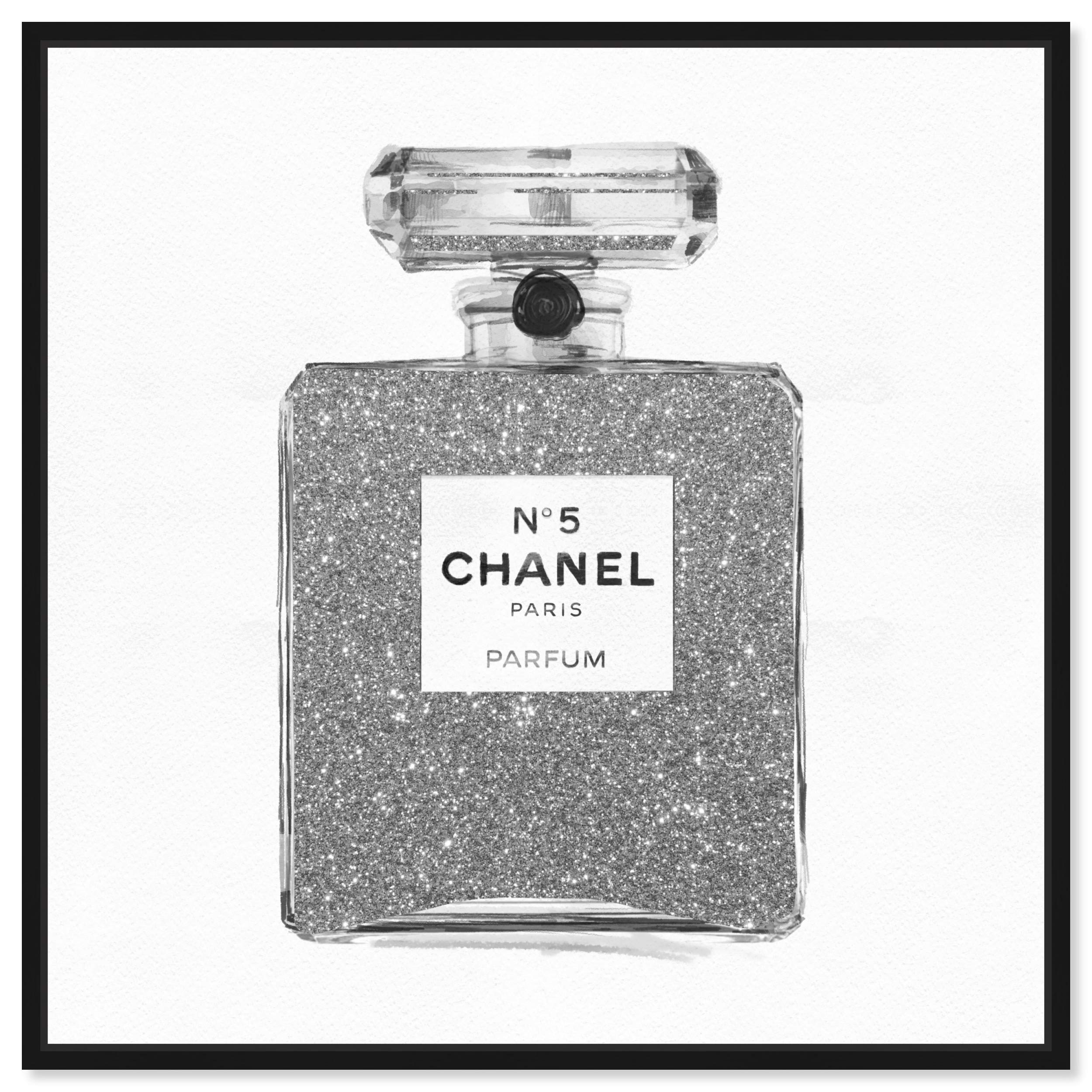 The Oliver Gal Artist Co. Fashion and Glam Framed Wall Art Canvas Prints 'Silver Classic Number 5' Perfumes Home Décor, 24 in x 24 in, Gray, White