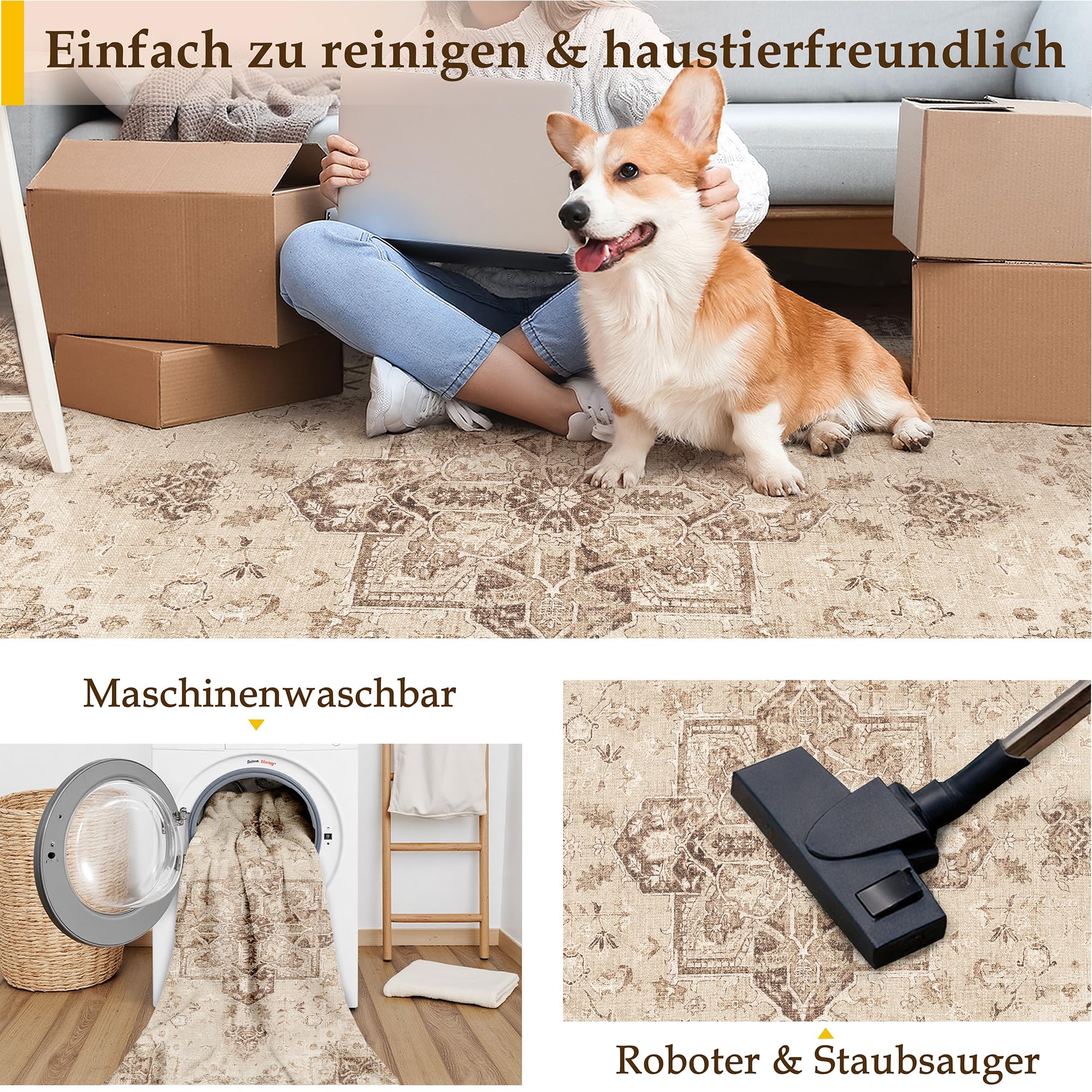 PureCozy Braun Vintage Teppich Läufer Flur 60x240cm Waschbar – Ansicht 4