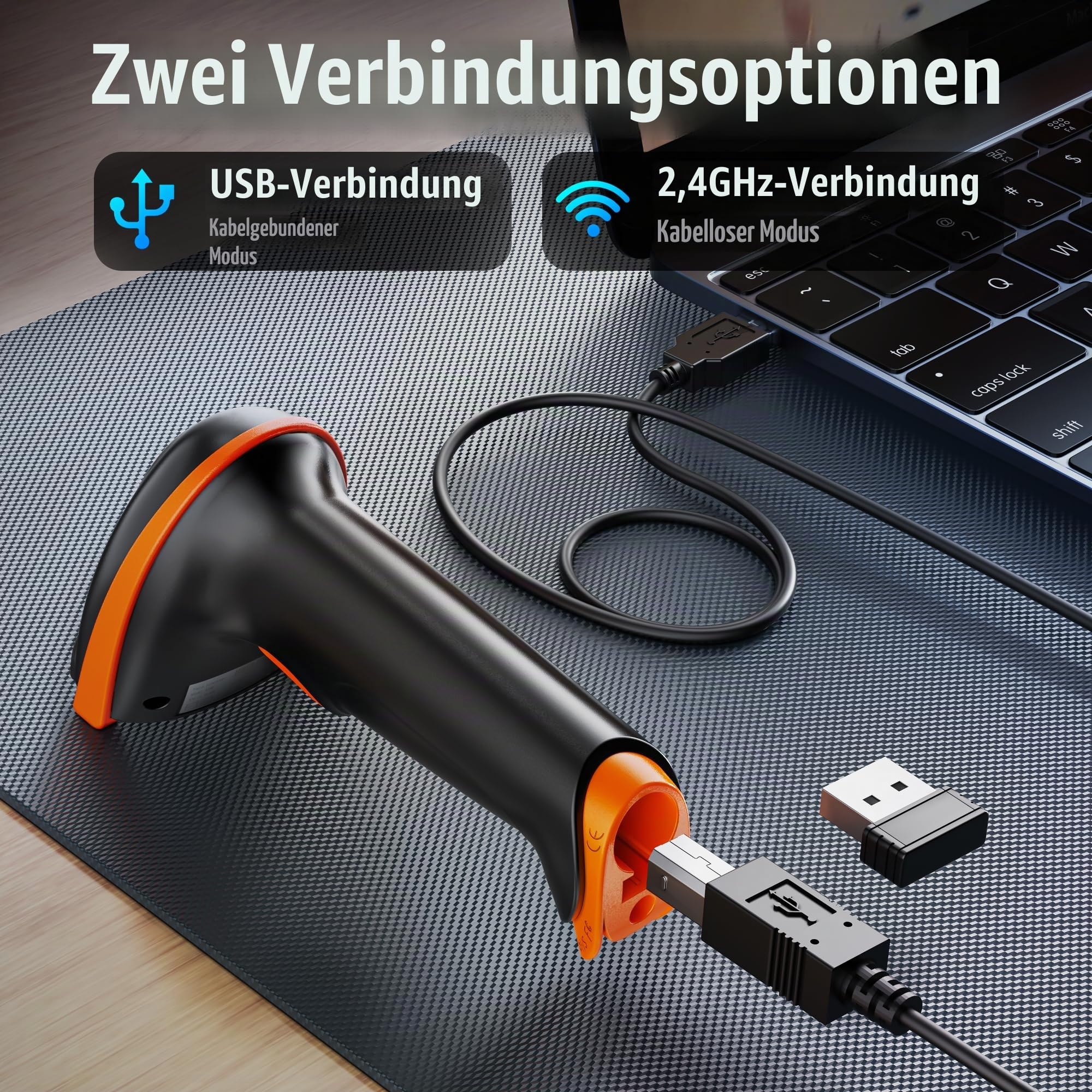 Tera Barcode Scanner 1D 2D QR Wireless Kabellos 2,4 GHz + Wired USB 2,0 Kabelgebunden Handscanner Barcodelesegerät mit Ständer Halterung 5 Mil Auflösung 100m Reichweite, D5100