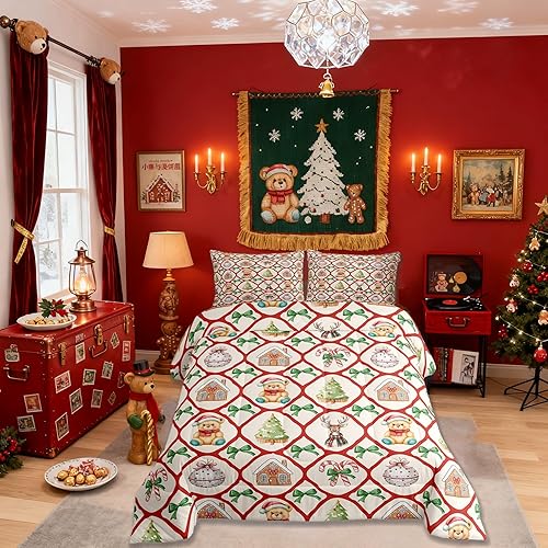 Miniatura 61 de Juego de edredón de Navidad para niños tamaño queen, ropa de cama festiva de dulces navideños, decoración de dormitorio/cabaña de Navidad para Multi