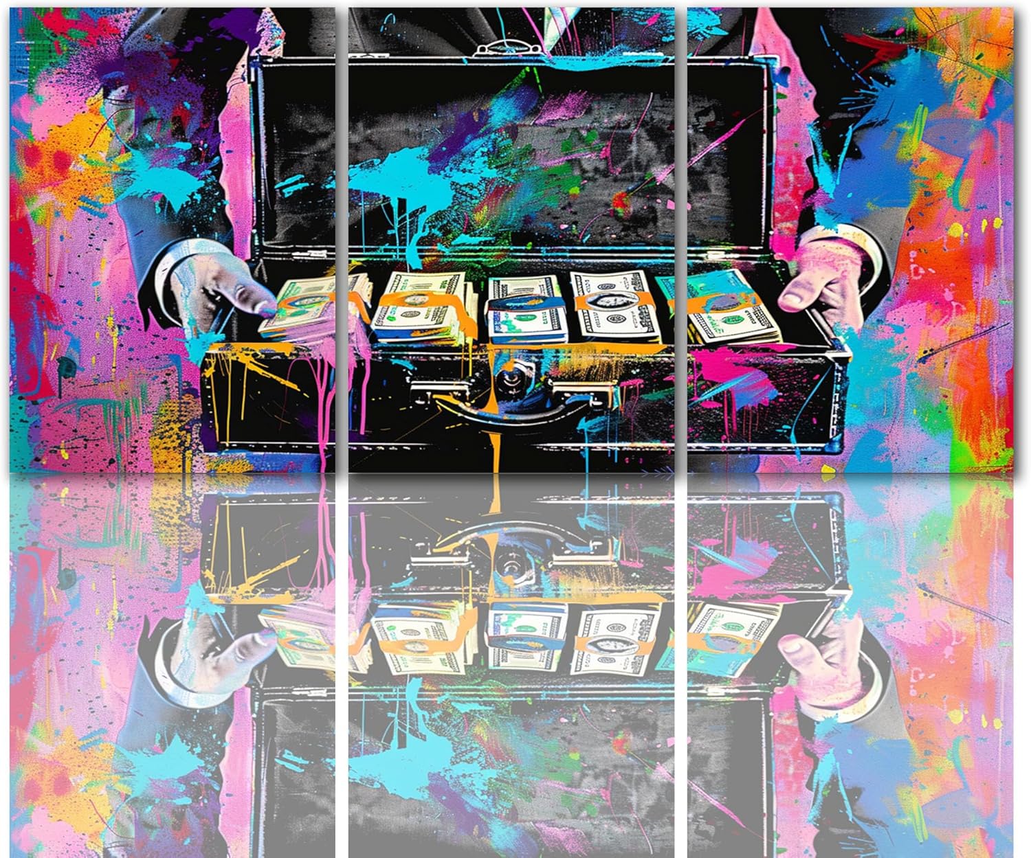 Tucocoo Inspirational Canvas Wall Art Briefcase Money Collections for Office and Home Decor,Colorful Graffiti Inspiring Money Artwork for Man's Office and Bedroom with Framed Ready to Hang-48''x24'' 48”X24” 3p Dollars 20