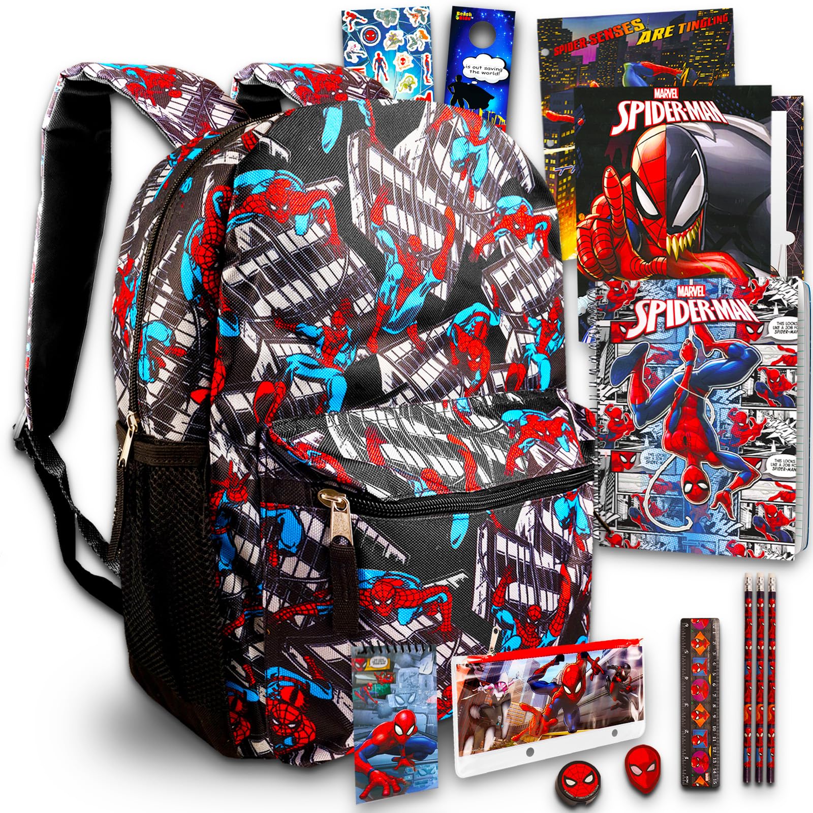 MarvelSpiderman Backpack Set - 10+ pc Spiderman School Bundle with Backpack, Pencil Bag, More (Marvel Spiderman School Supplies)