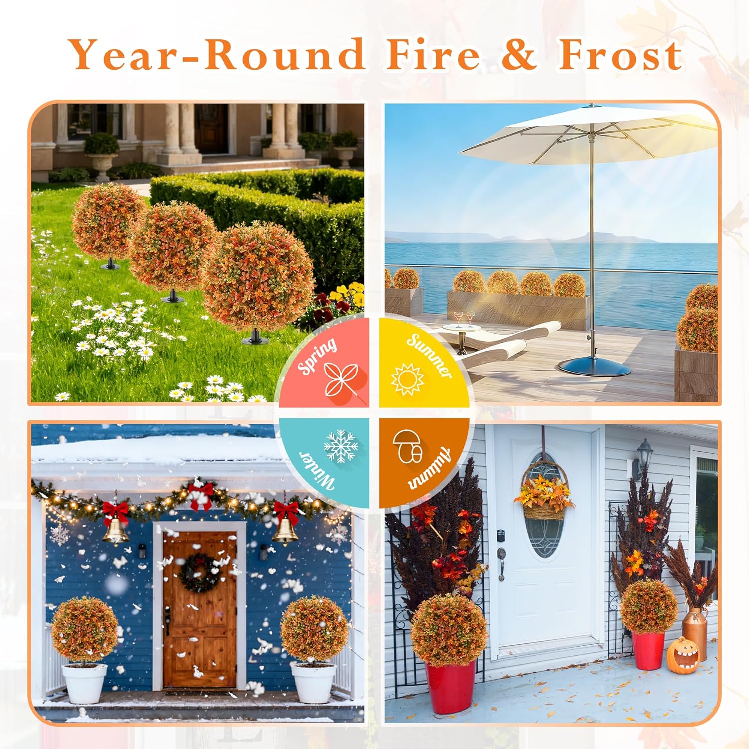 4 Pack Artificial Flower Topiary Ball with Ground Spikes, UV Resistant Orange Boxwood Outdoor Faux Shrubs Plants for Fall Autumn Thanksgiving Halloween Decor, Garden Porch Yard Patio