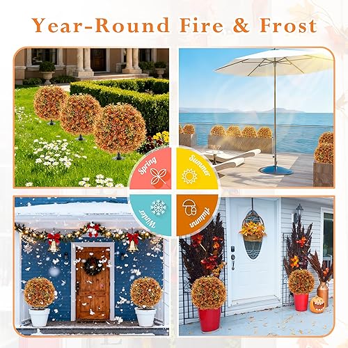 Miniatura 8 de Paquete de 4 bolas topiarias de flores artificiales con picos de tierra, resistentes a los rayos UV, boj naranja para exteriores, plantas para