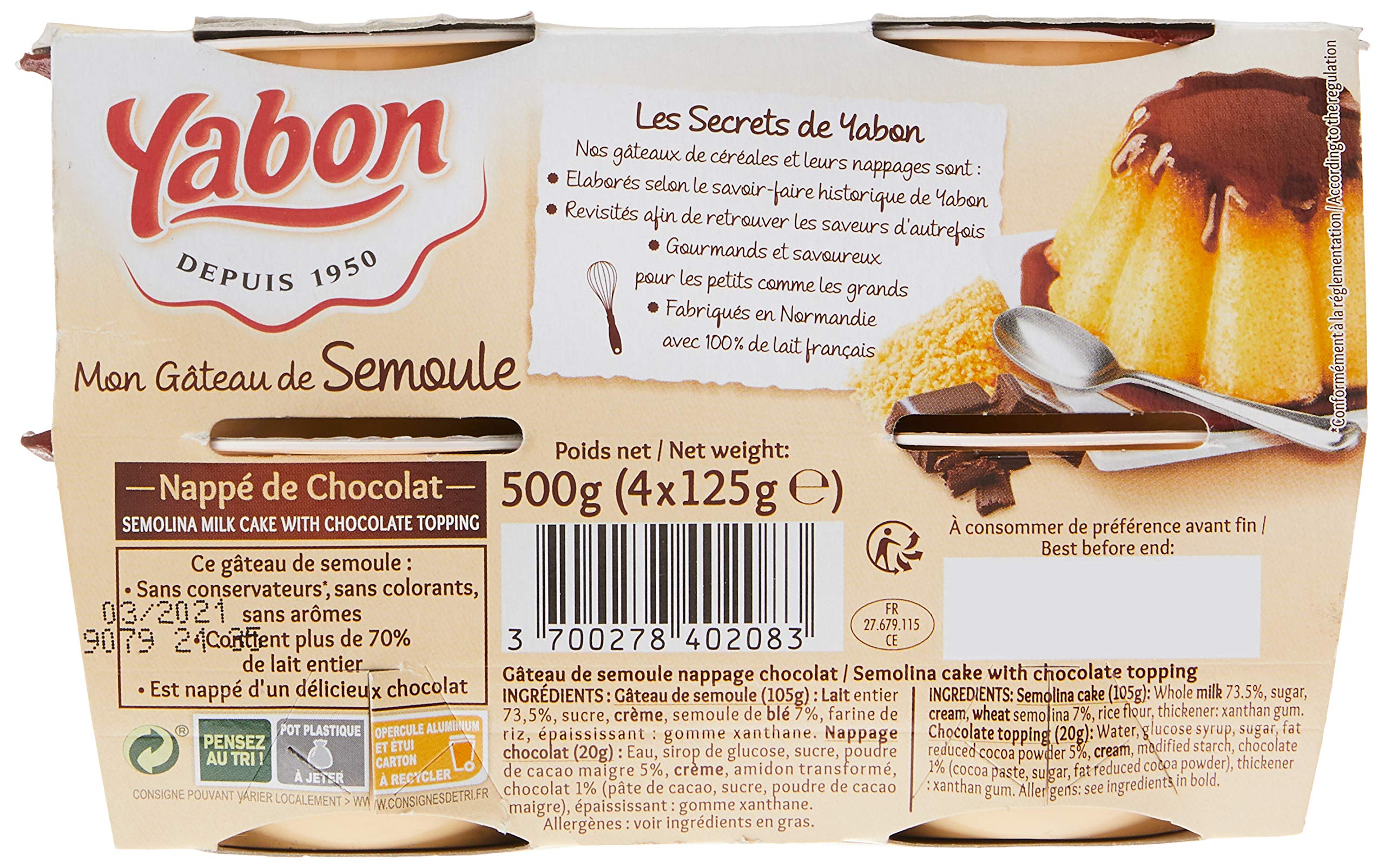 YABON - Gâteau de semoule nappage chocolat Yabon - 4 x 125 g