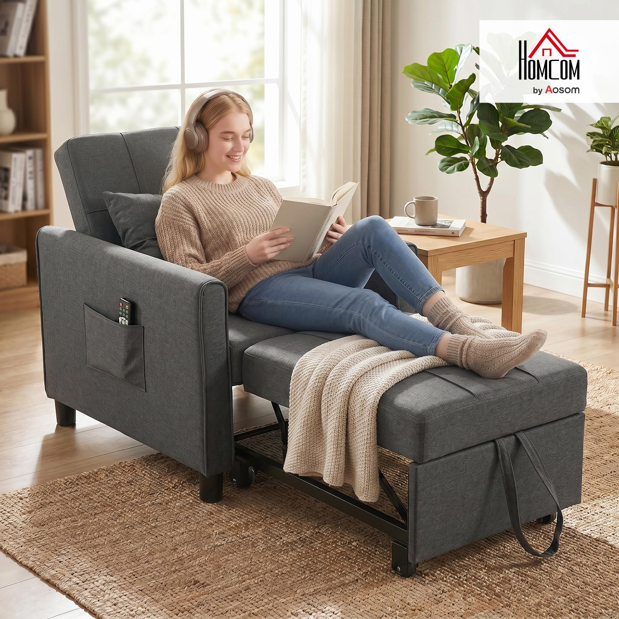 HOMCOM Poltrona Letto Singolo 3 in 1 Pieghevole, Schienale Regolabile 3 Posizioni, Cuscino, Divano Letto Imbottito Salvaspazio in Tessuto Effetto Lino e Legno con Ruote, Tasche, 69x82x85cm, Grigio
