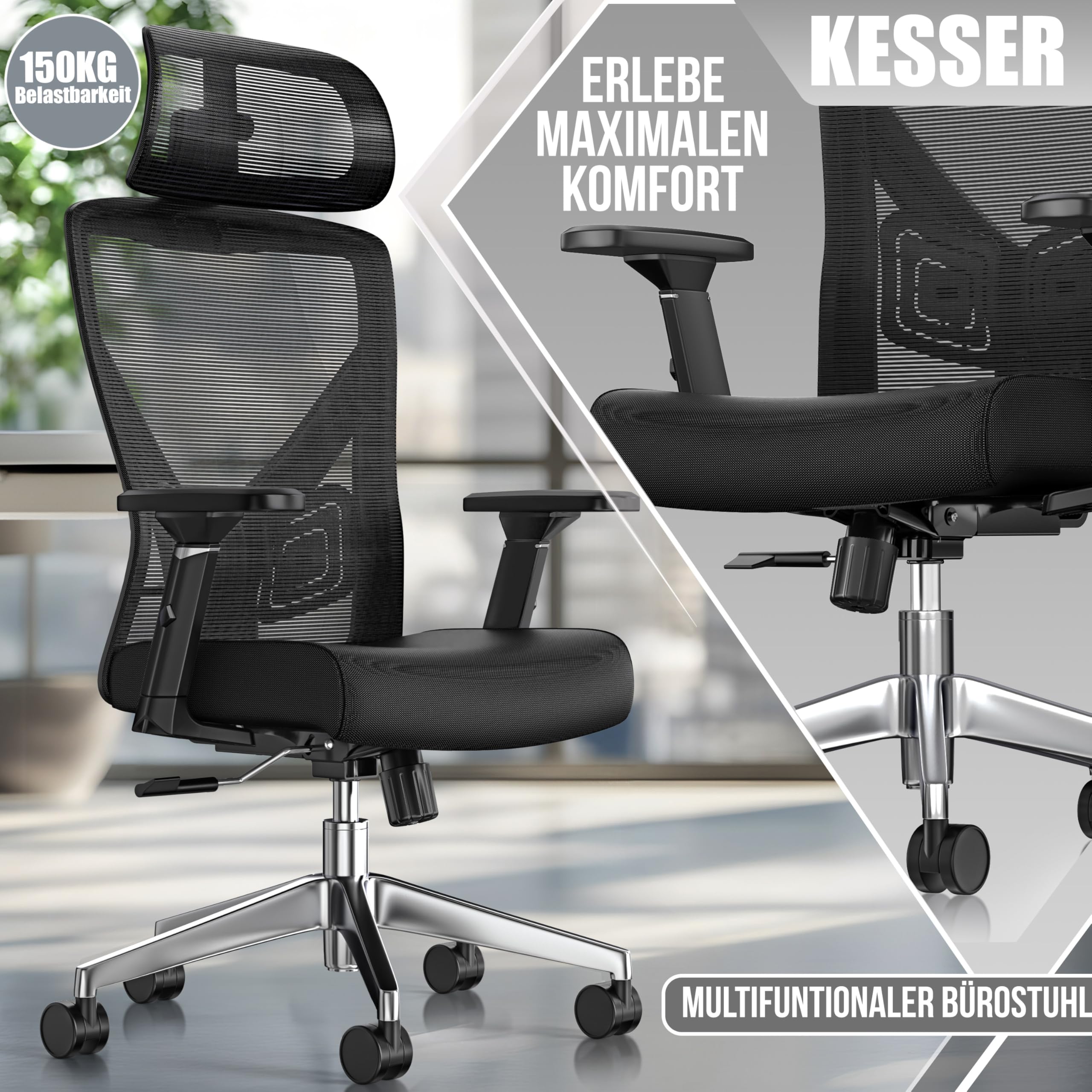 KESSER® Bürostuhl Ergonomisch mit verstellbaren Armlehnen | Drehstuhl mit Lendenwirbelstütze Rückenschonend | Schreibtischstuhl mit Kopfstütze | Office Chair Wippfunktion bis 125° mit 5X Gummirollen
