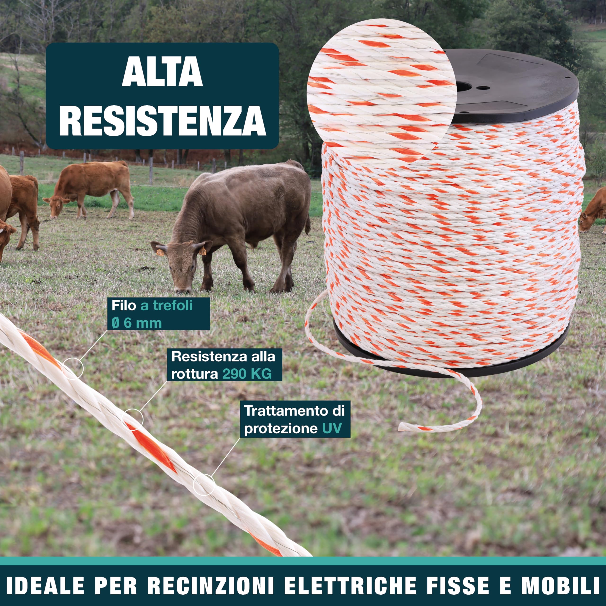 Filo di diametro 6mm - Recinzione elettrica per animali (mucca, capra, pecora, cavallo) - Bobina da 500m - 5 fili inox di diametro 0,20mm e 1 filo di rame di diametro 0,30mm
