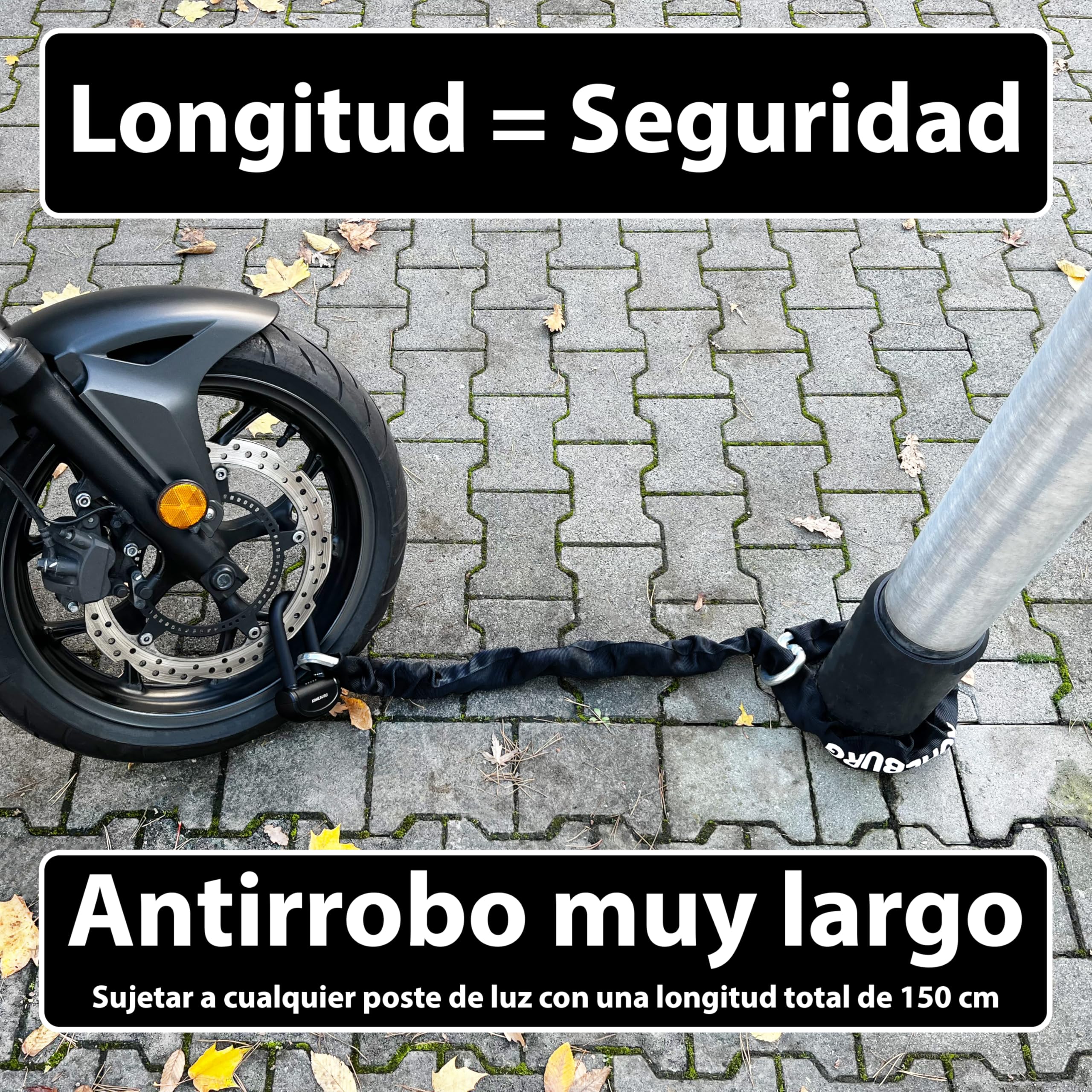 KOHLBURG antirrobo de cadena macizo para moto 6kg, 150 cm de longitud con nuestro nivel de seguridad más alto 15+ de 15, cadena de acero de 13 mm super robusta como candado para moto, scooter y e-bike
