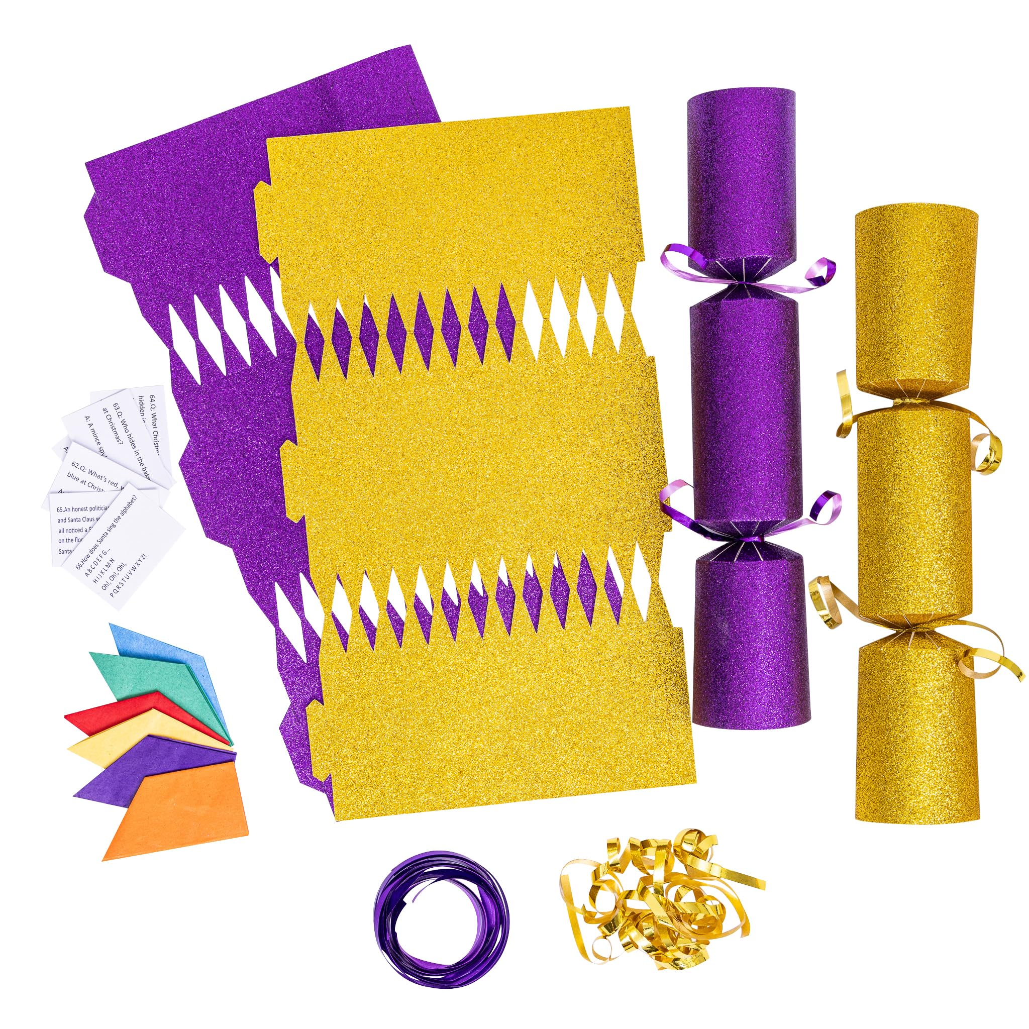evelay 12 Make Your Own Christmas Cracker Kit DIY Gold & Purple Glitter Crackers Hats Snaps Jokes (Gold, Purple)