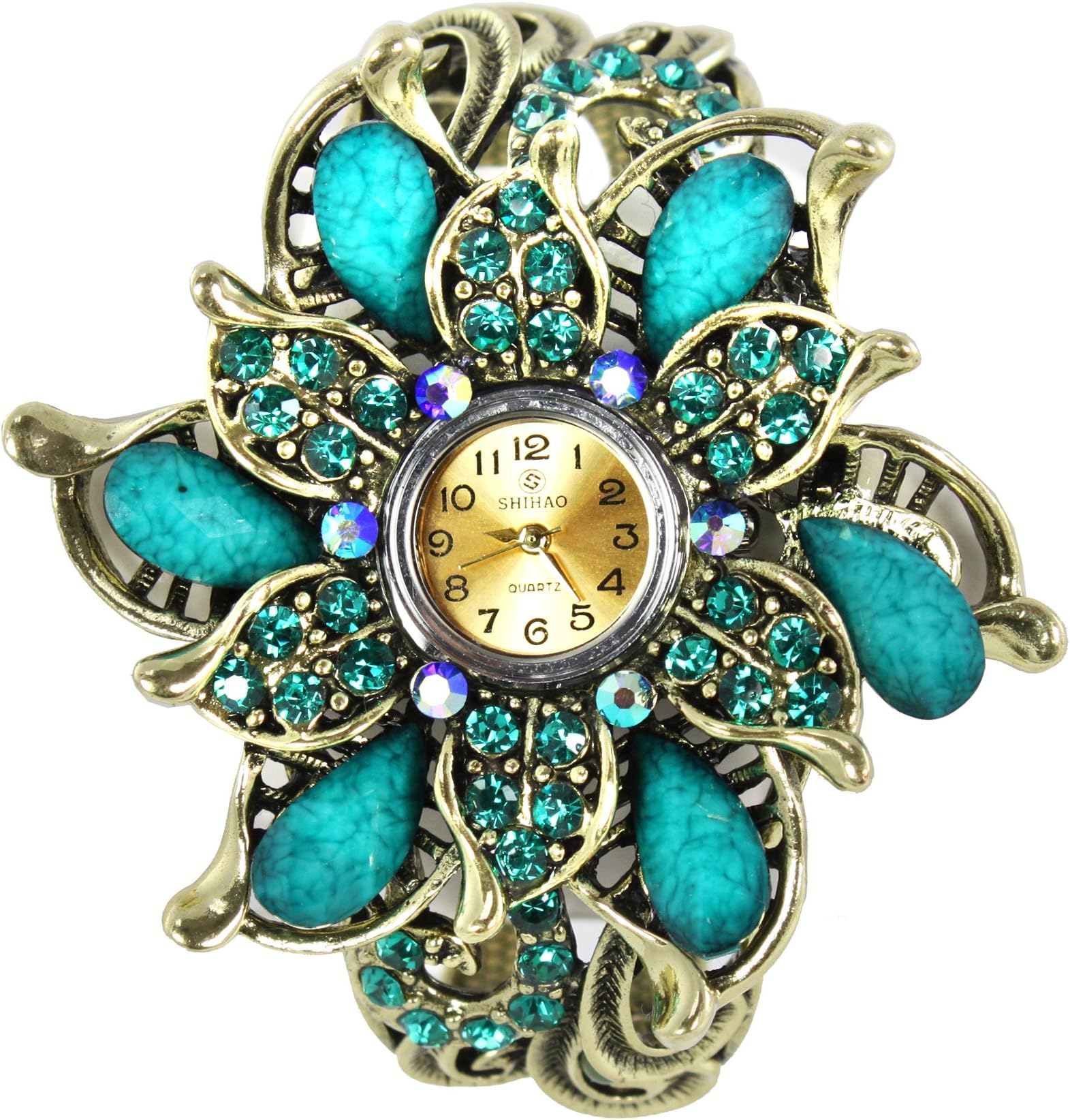 Shihao WAT-GDBUFLR02 Shihao Gorgeous Flower Women Bracelet Watch in Goldtone Plate Stunning Blue Crystal Beads Floral De