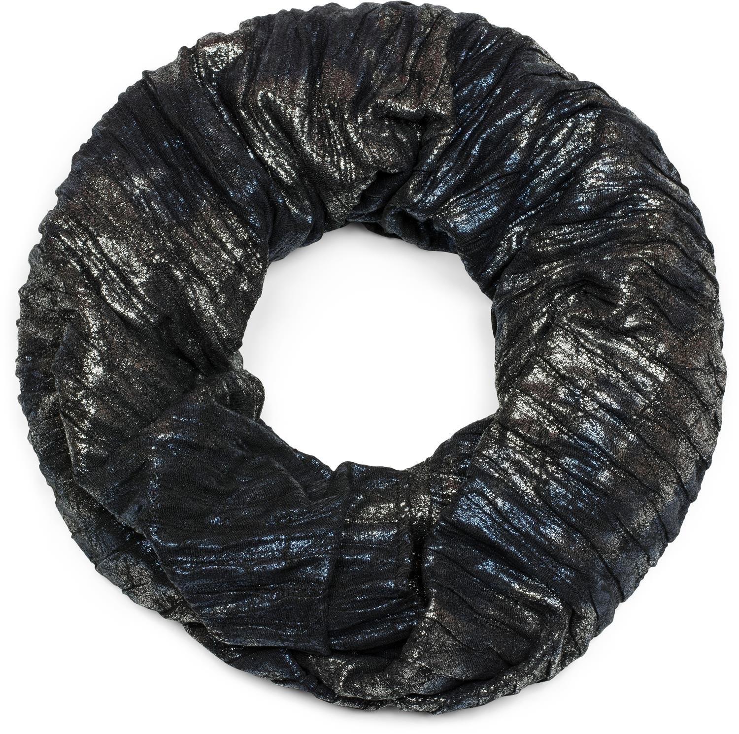 styleBREAKER loop scarf in antique metallic look with pleats, snood, shawl, unisex 01017072, Colour:Black-blue-silver