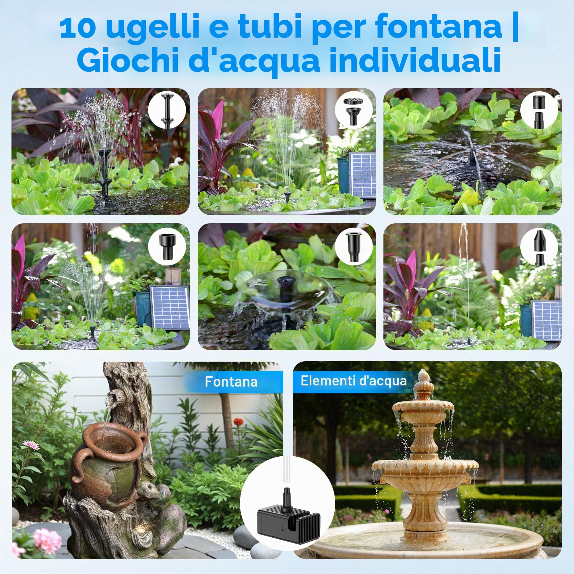 Pompa solare per laghetto 6 W con batteria 10 ugelli 500 l silenziosa fontana da giardino