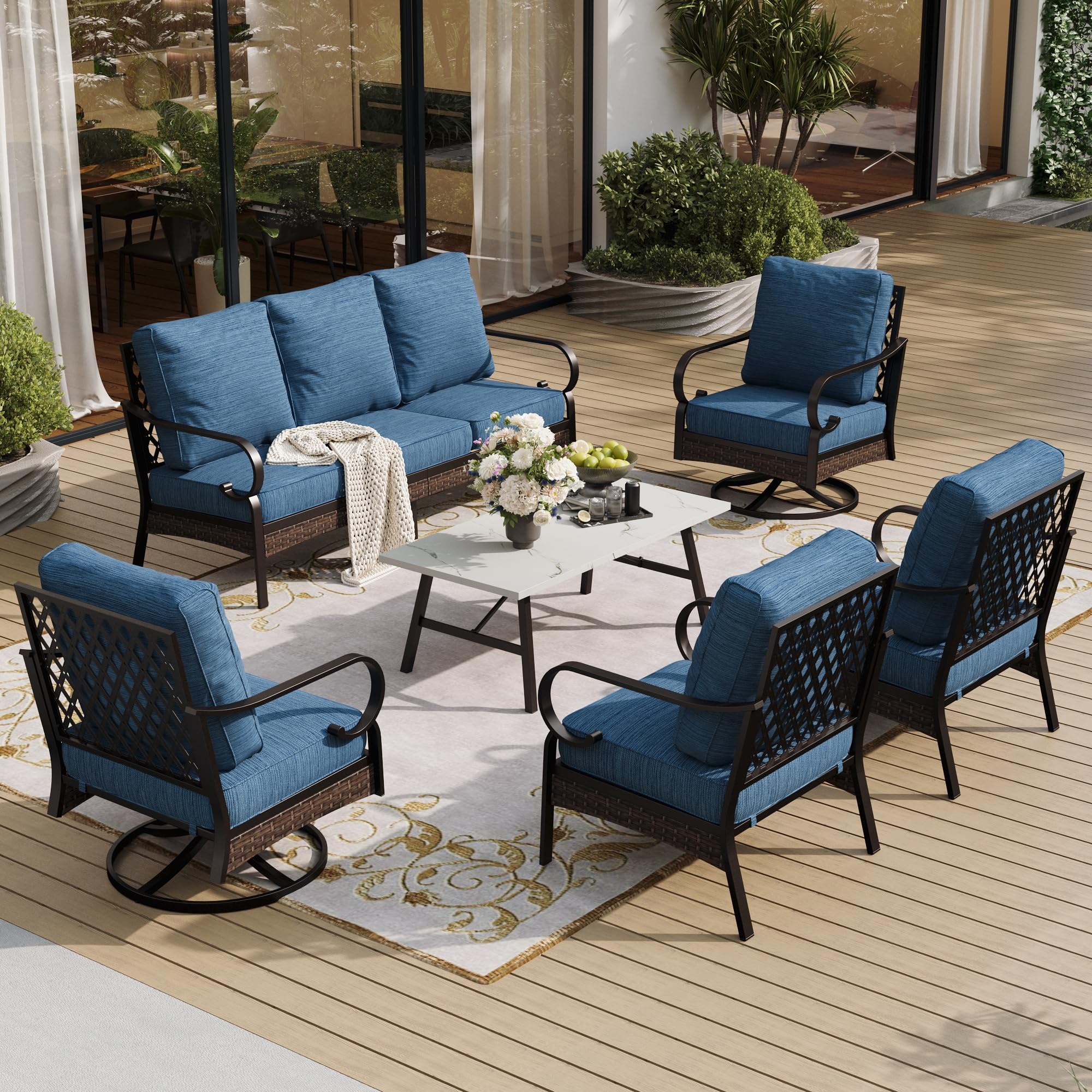 SUNSHINE VALLEY 6 Piece Metal Outdoor Patio Furniture Set - 1 3-Seater Sofa, 2 Fixed & 2 Swivel Sofas with 5.75" Thick Cushion & Coffee Table - Black