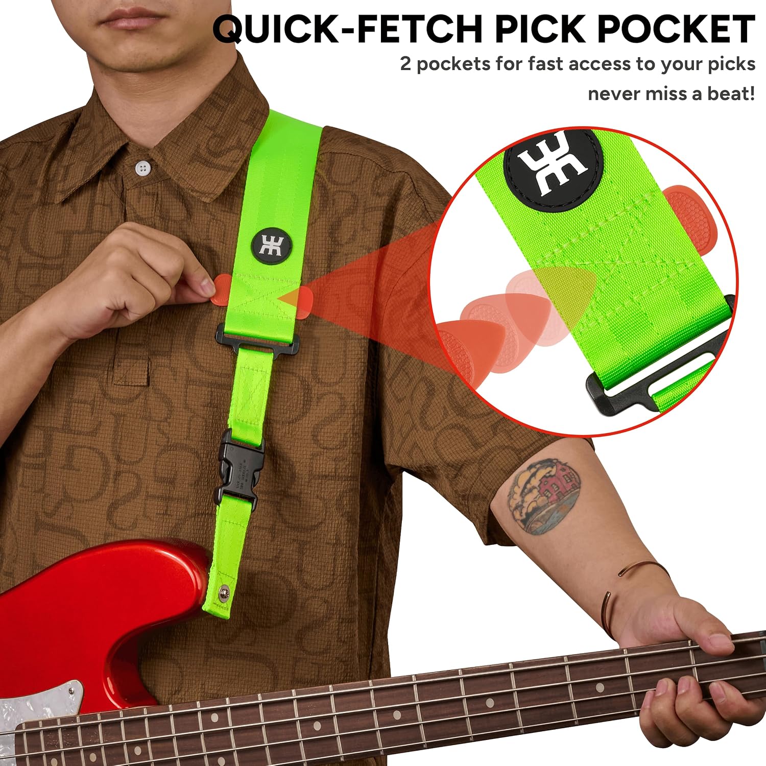 Amumu SNAPLOCK Pro Guitar Strap - Quick-Release Buckle, Screw Fasten Ends, Quick-Fetch Pick Holder, Adjustable 38"-57", Fits Bass, Electric Guitars, Gift for Guitarists, Neo Green