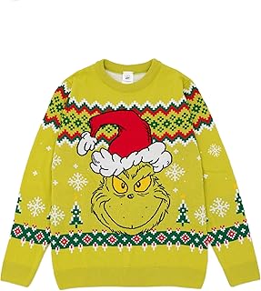 The Grinch Mens Christmas Jumper in Green | Graphic Knitted Sweater for Adults | Warm Festive Holiday Long Sleeve Knitwear Top | Fun Festive Pullover Knit Unique Movie Merchandise Gift for Him
