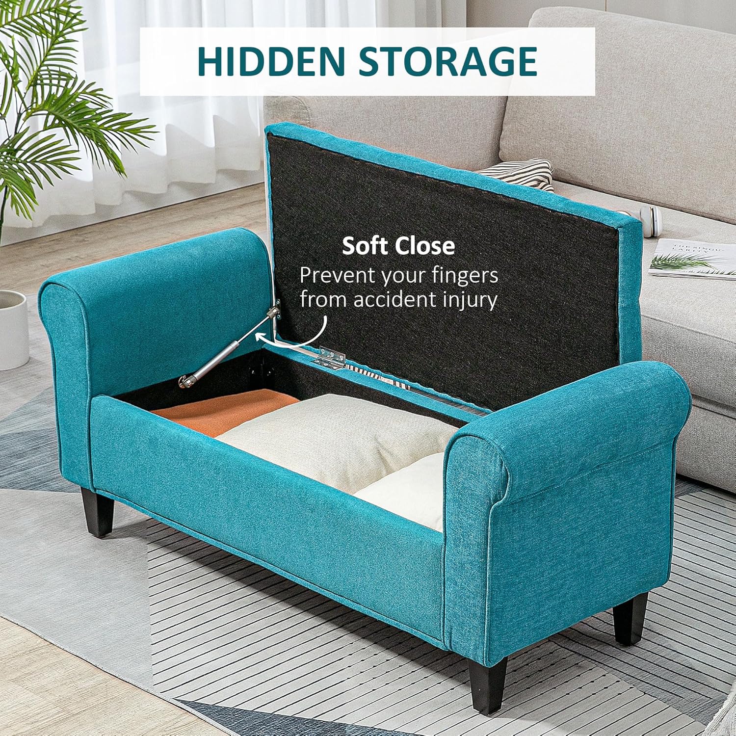 Teal Tufted Upholstered Storage Bench with Rolled Arms