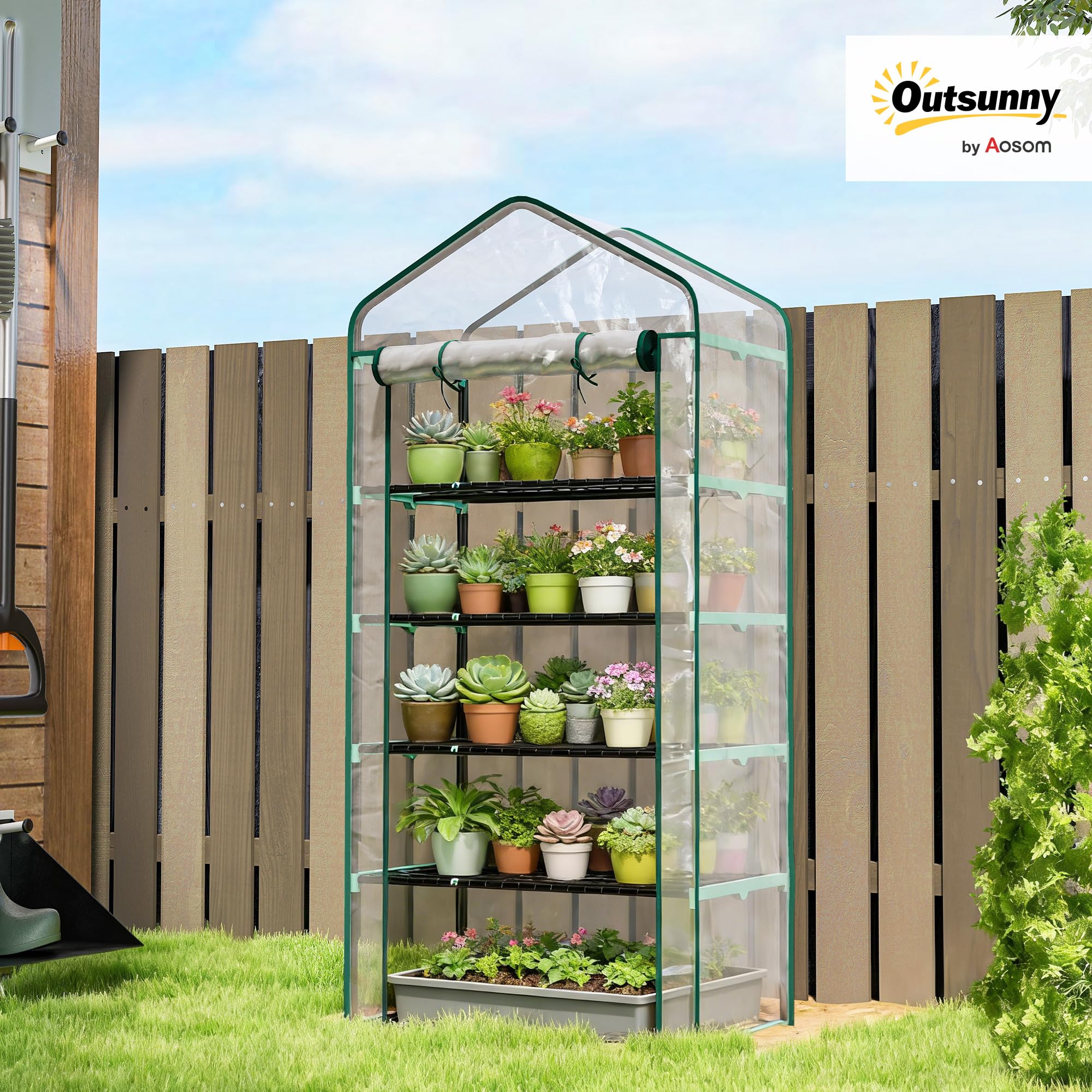Outsunny Serra da Balcone a 5 Livelli con Ingresso Avvolgibile, Serra per Orto con Struttura in Acciaio e Copertura PVC, per Piante Orto Verdure Fiori Frutta, 90x49x193 cm, Trasparente