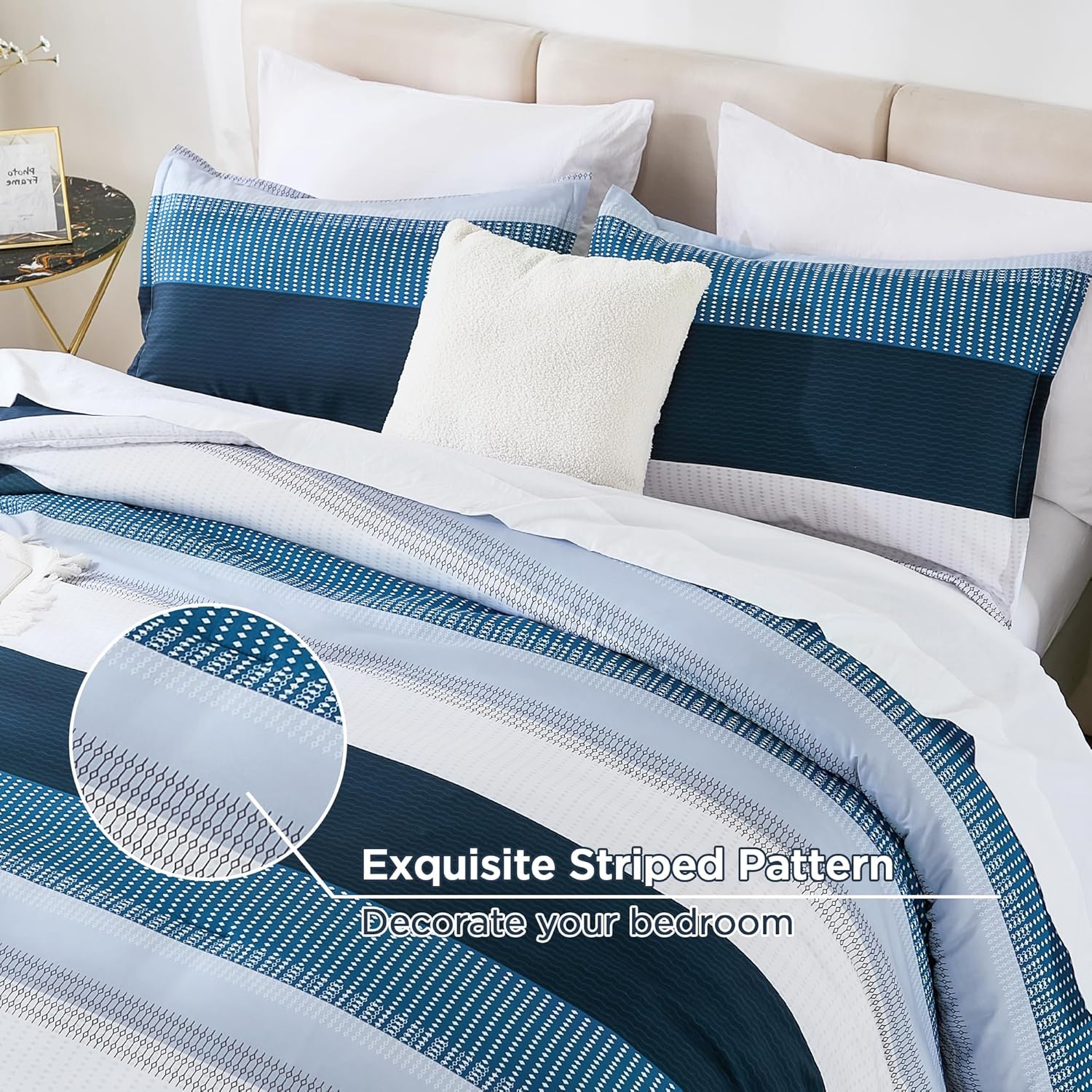 Andency Queen Comforter Set Navy - 7 Pieces Striped Bed in a Bag, Soft Microfiber All Season Patchwork Bedding Set with Comforter, Fitted & Flat Sheet, Pillowcases & Shams - Image 4