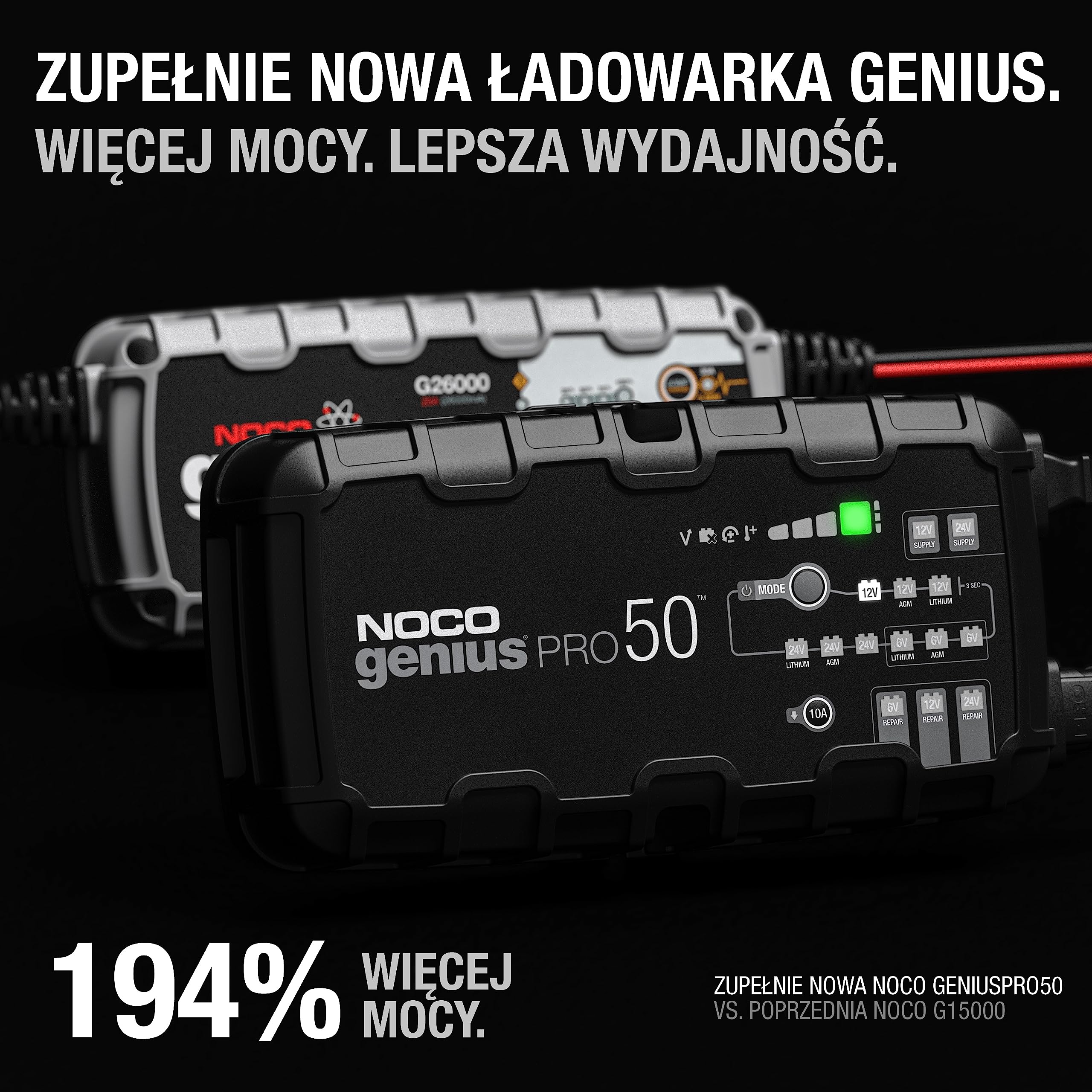 Noco GENIUSPRO50 Ładowarka, Czarny, 23 x 13,5 x 7,5 cm | Tryb zasilania, ochrona przed przeładowaniem, odsiarczacz, kompensacja temperatury, tryb siły, do kwasu ołowiowego i litowego