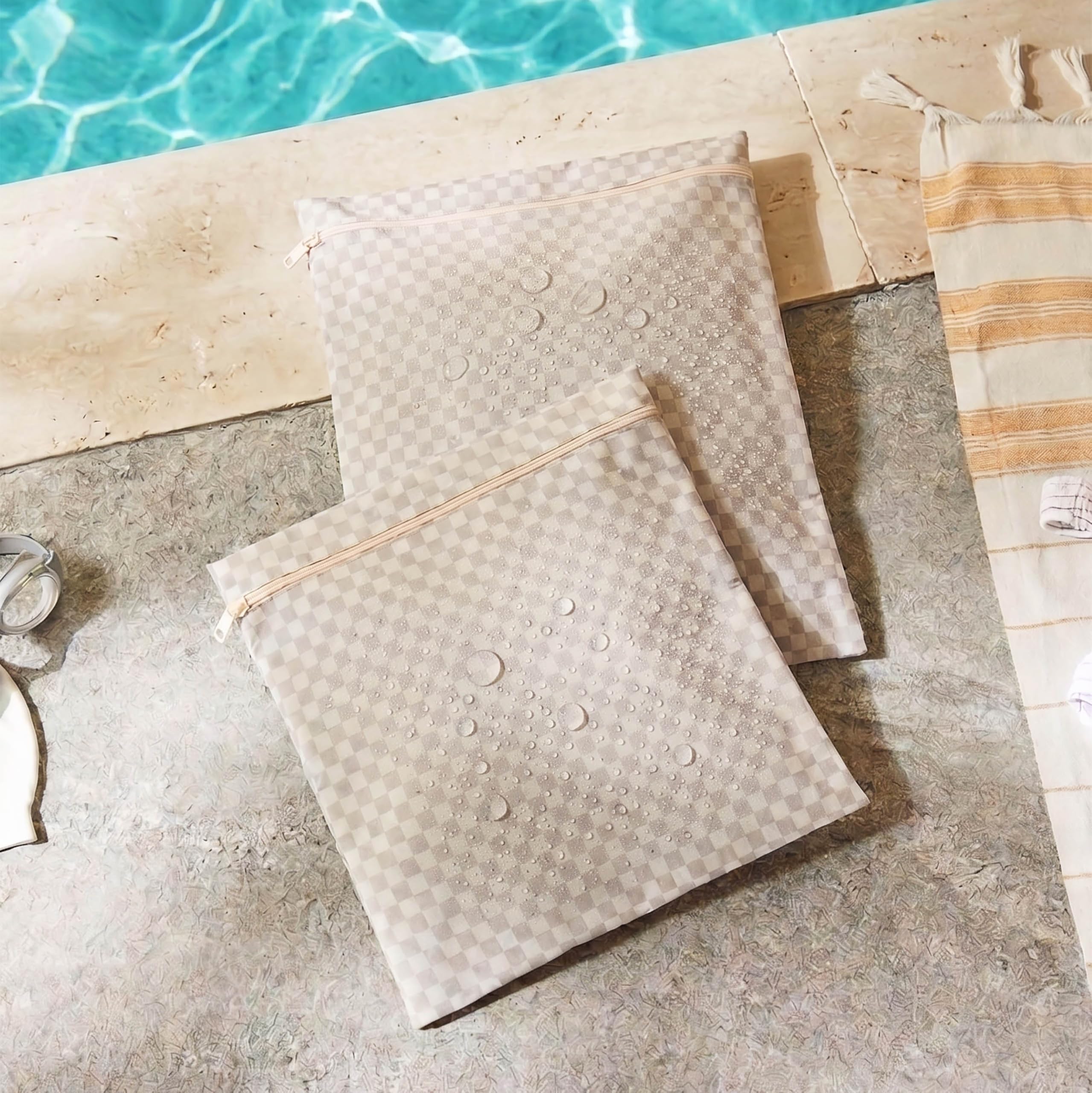 Ocean Home Textile 2'li Su Geçirmez Pvc Astarlı Gri Dama Desen Islak Kuru Çantası 28 x 30/30 x 36 cm