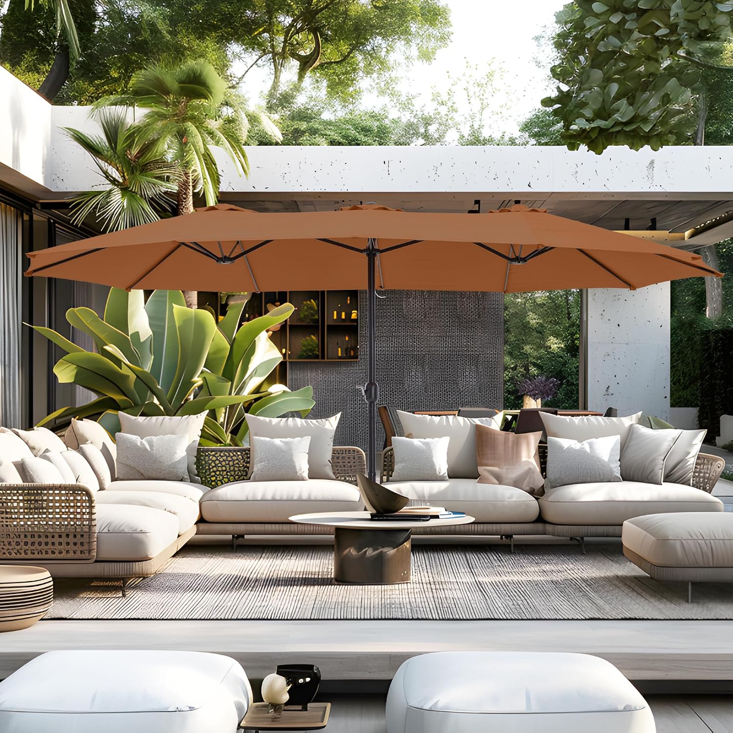 HERA'S PALACE Umbrella Patio Outdoor with Base 15ft Rectangle Table Double Market Heavy Duty Umbrellas Clearance Large Included Stand for Deck Outside Pool Yard Inground Commercial, Tawny