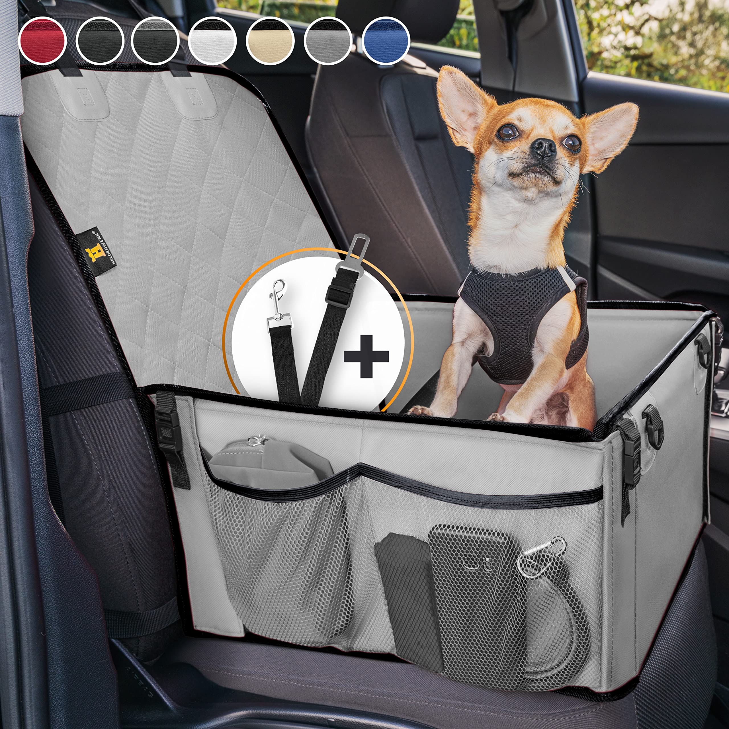 HELDENWERK Dog Car Seat for Small and Medium Dogs with Belt - Car Dog Seat Waterproof & Stable for Rear Seat and Front Seat - Dog Car Seat, Dog Passenger Seat, Car Seat for Dogs (Grey)