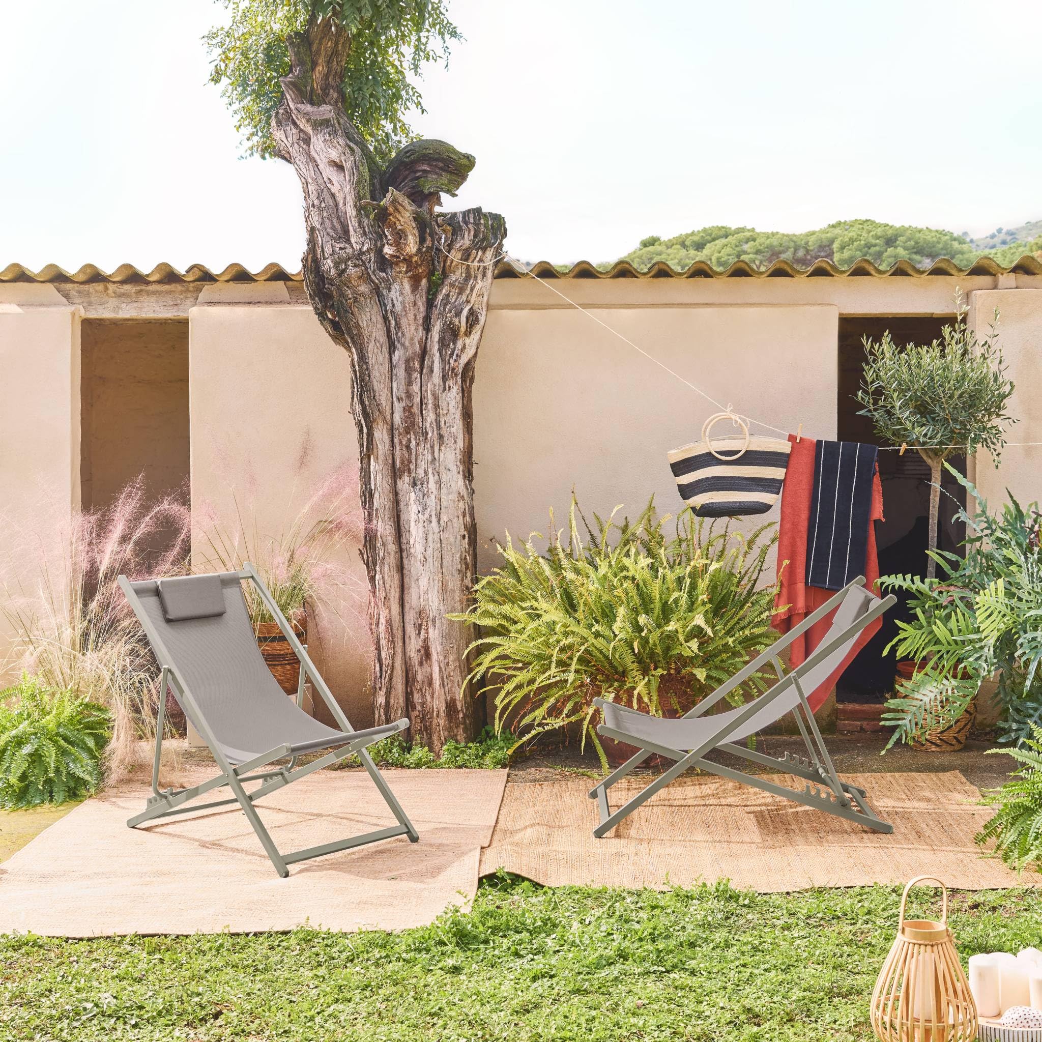 Set 2 sedie sdraio pieghevoli con cuscino e multiposizione Verde kaki - 102x62x81 cm