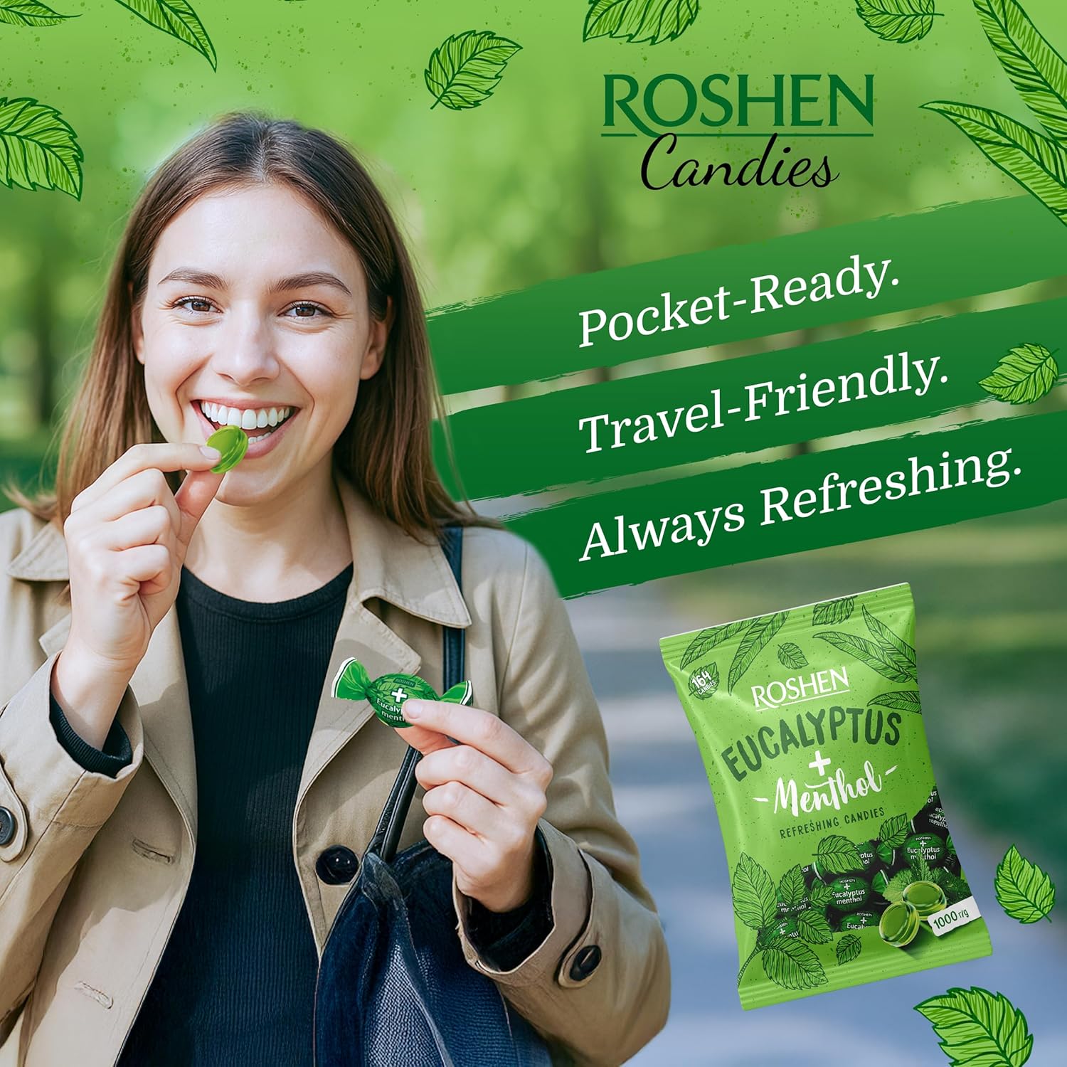 Roshen Eucalyptus-Menthol Hard Candy – Refreshing Mint & Eucalyptus Flavor, Individually Wrapped, Bulk 2.2 lbs (1 kg) Kosher, Halal, Soothing, Cooling Candy (Pack of 2)