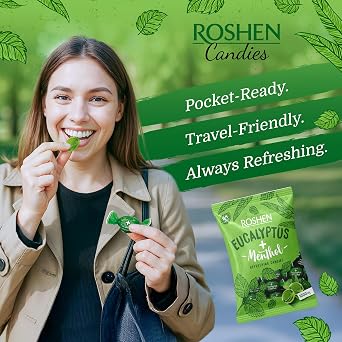 Roshen Eucalyptus-Menthol Hard Candy Refreshing Mint & Eucalyptus Flavor, Individually Wrapped, Bulk 2.2 lbs (1 kg) Kosher, Halal, Soothing, Cooling Candy