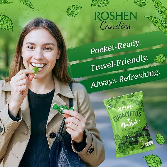 Roshen Eucalyptus-Menthol Hard Candy Refreshing Mint & Eucalyptus Flavor, Individually Wrapped, Bulk 2.2 lbs (1 kg) Kosher, Halal, Soothing, Cooling Candy