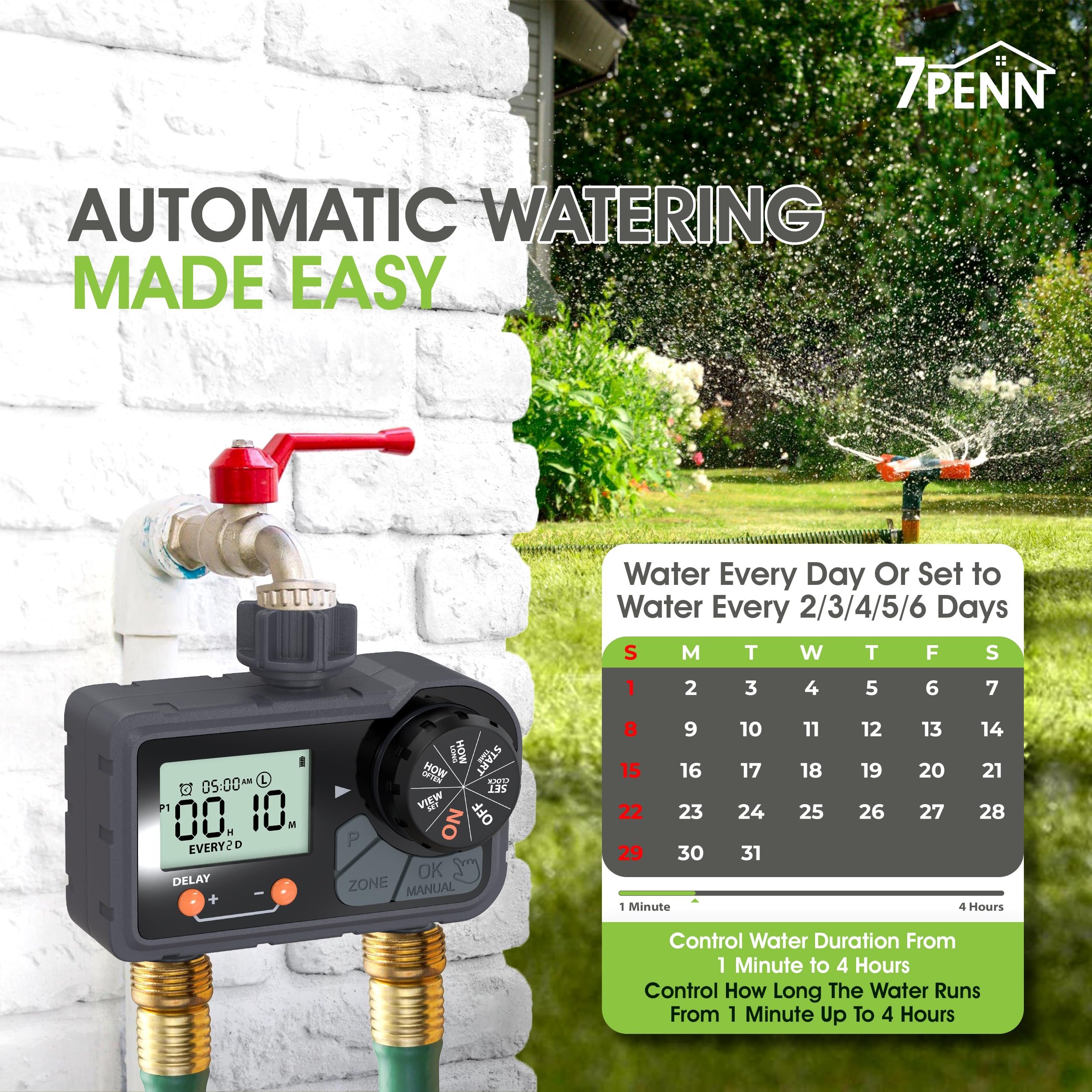 7Penn Timer dell'acqua a 2 zone, sistema di irrigazione programmabile per esterni, nero