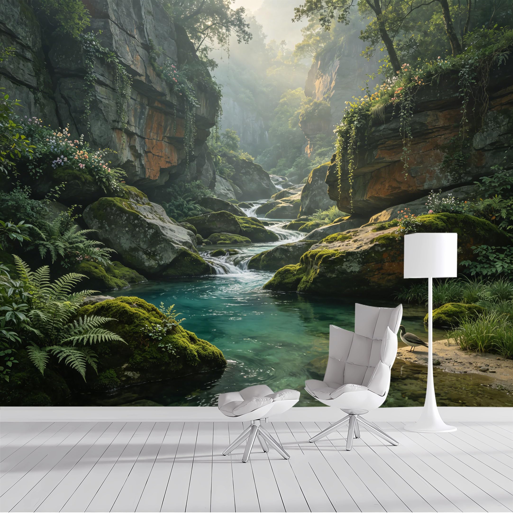 Custom Size Wall Mural Misty Forest River Waterfall Serene Nature Landscape Oil Painting SelfAdhesive Wall Fabric Removable Peel and Stick Wallpaper for Living Room Bedroom Bathroom