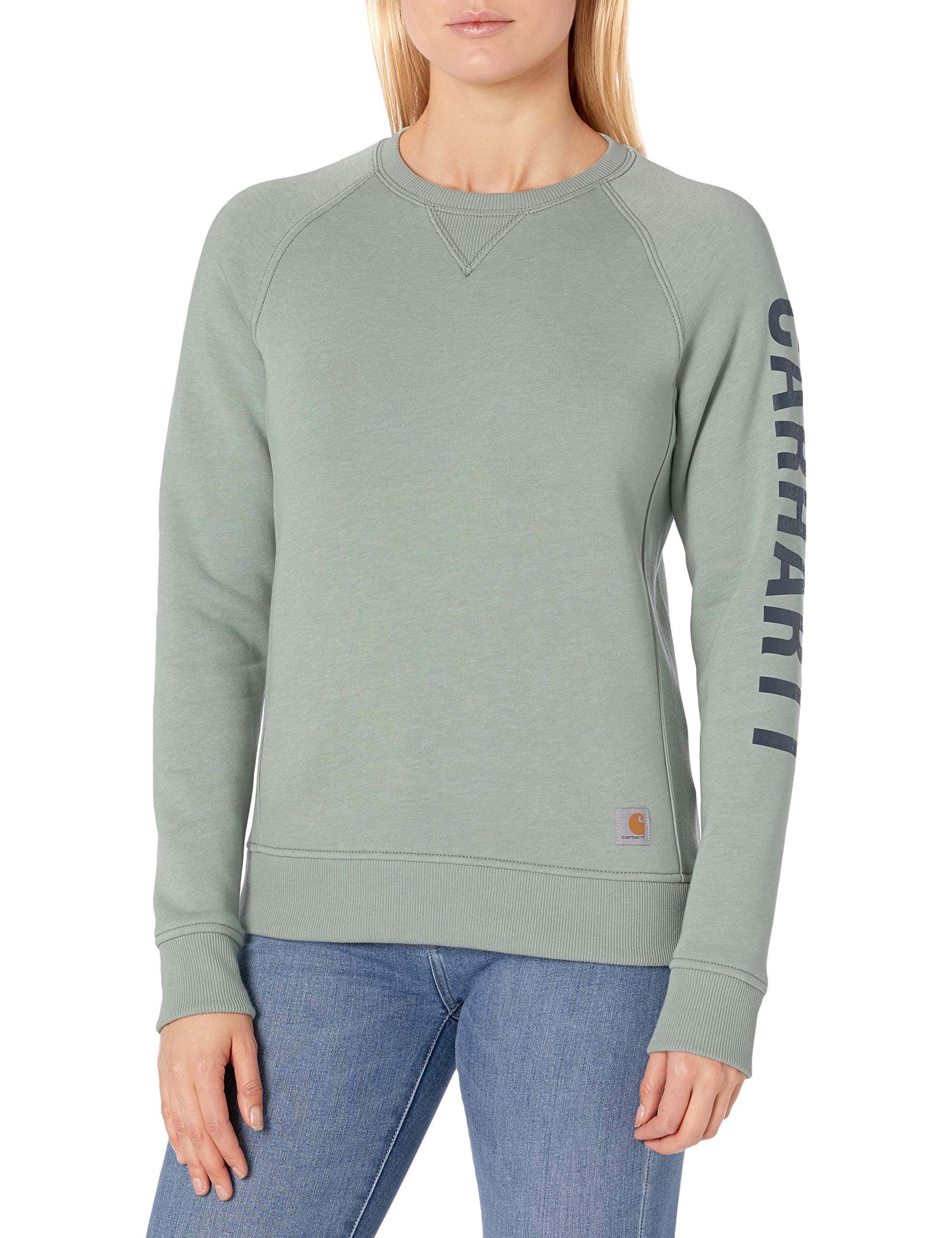carhartt women's relaxed fit midweight crewneck block logo sleeve graphic sweatshirt
